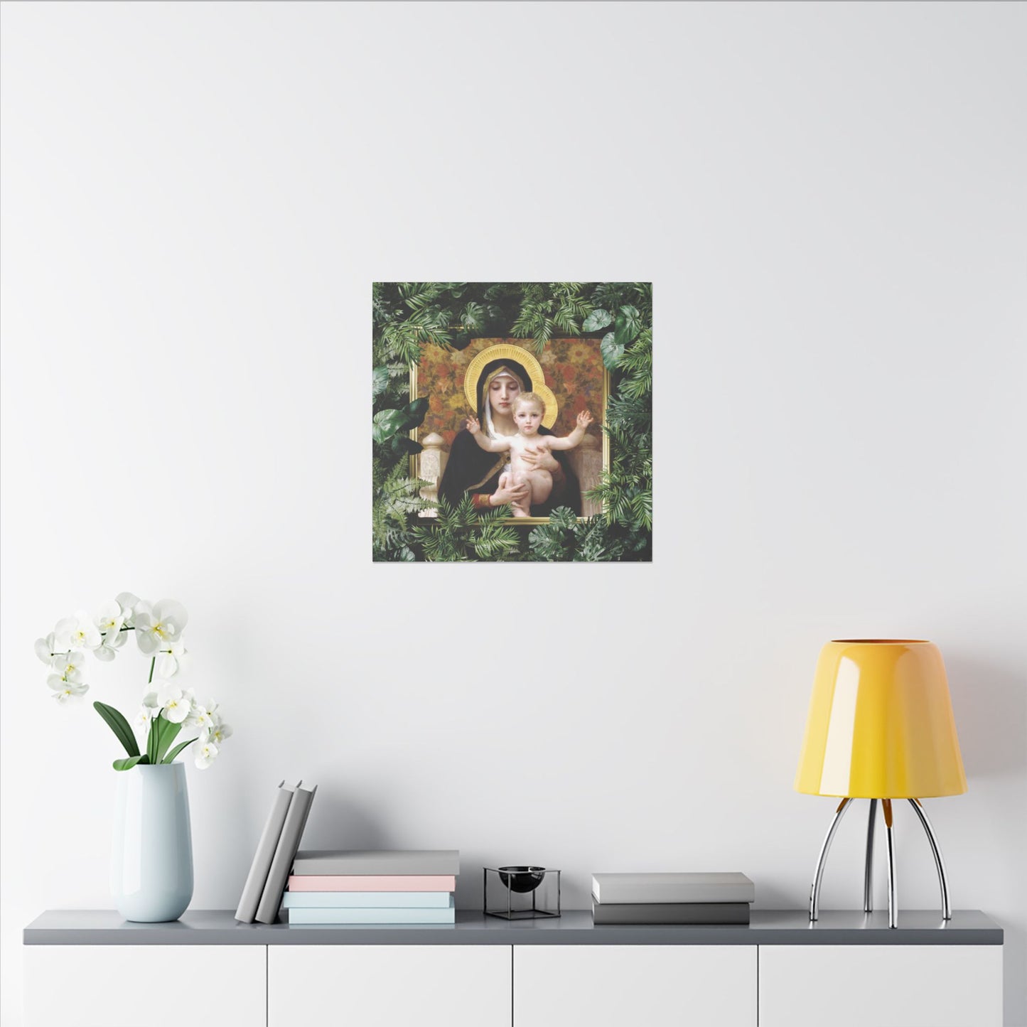 "Tropical Madonna of Lilies" Religious Canvas Artwork - Stretched Canvas Print / Virgin Mary & Jesus