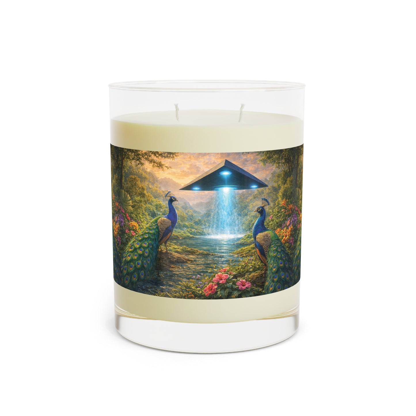 UFOs & Peacocks Scented Candle - 11oz Full Glass, Tropical Decor