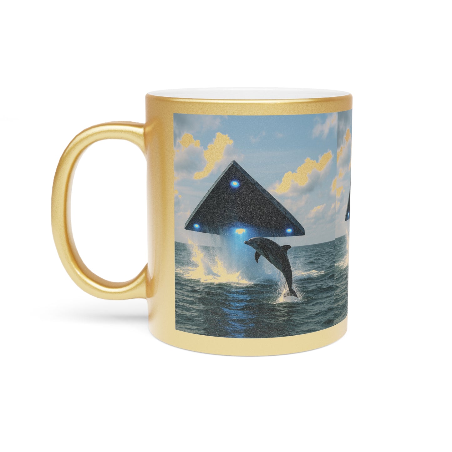 Tropical Metallic Mug, Gold or Silver - UFO and Dolphin