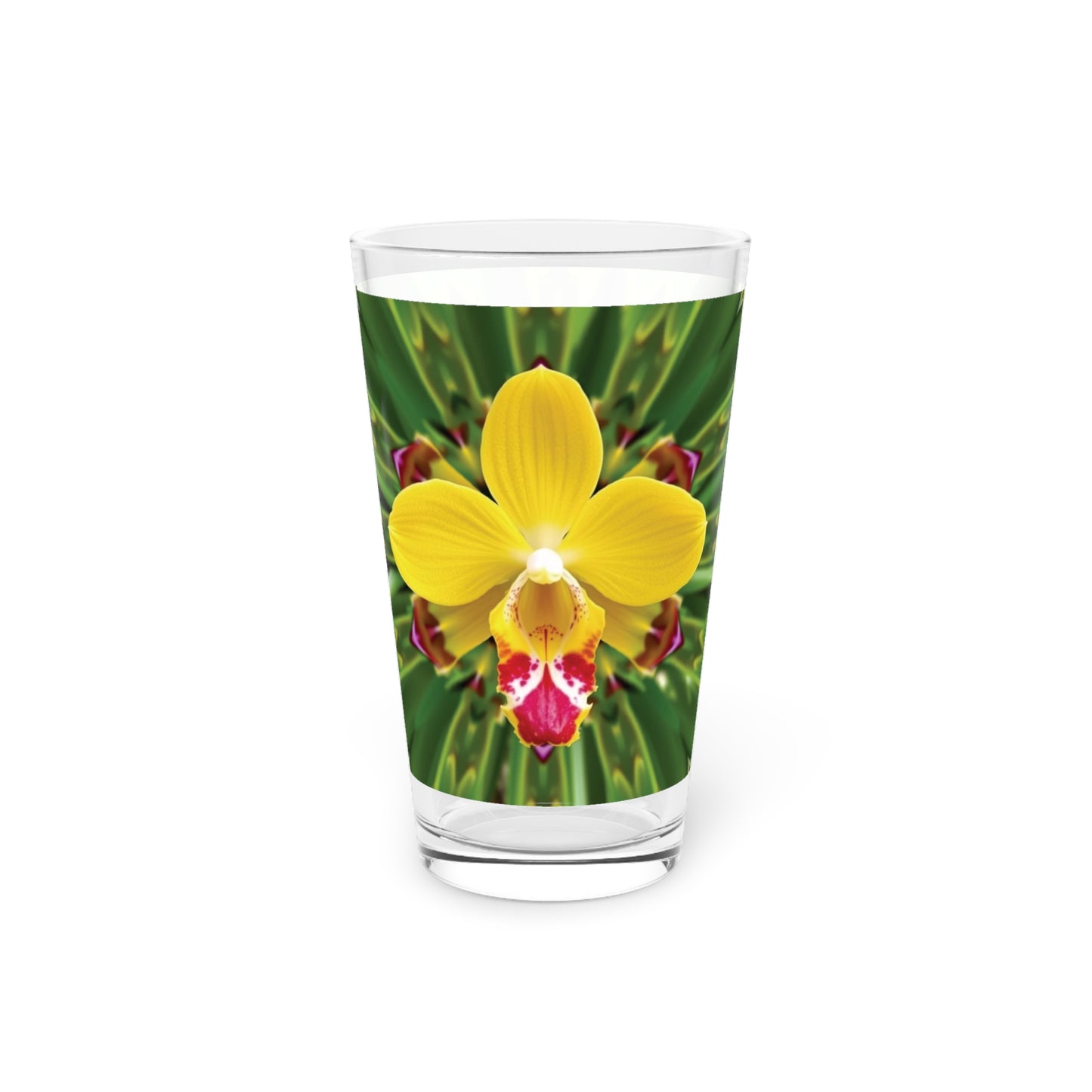 Pint Glass, 16oz - Yellow Orchid Kaleidoscope