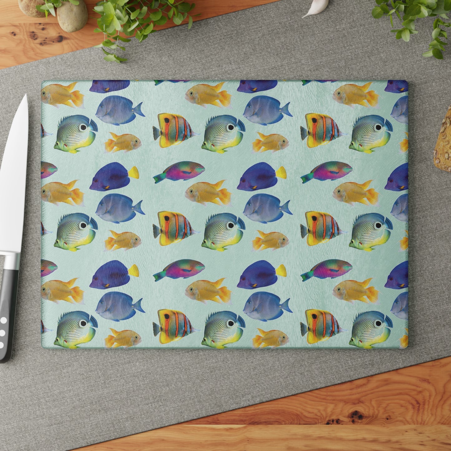 Glass Cutting Board, 2 sizes - School of Fish
