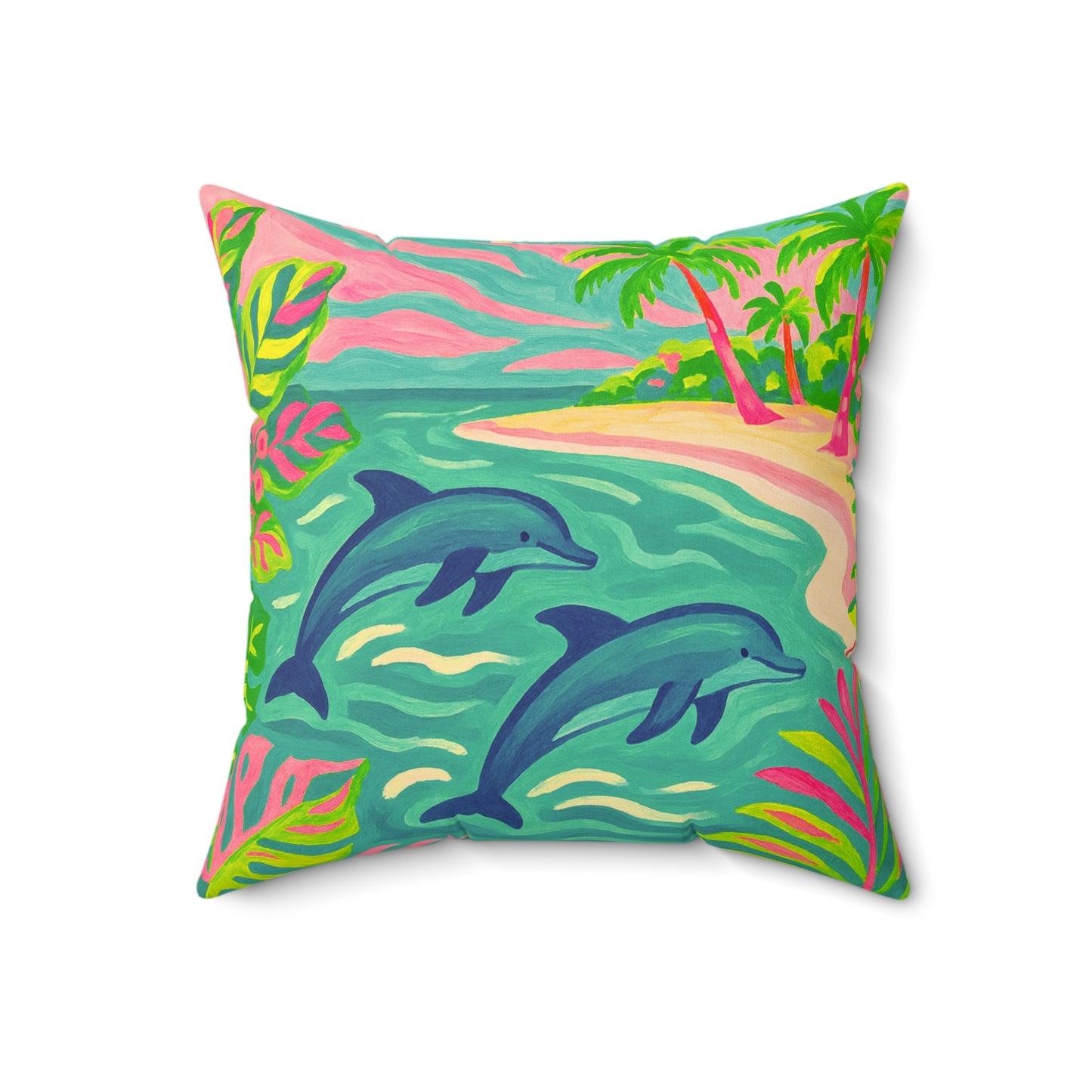 Tropical Pillow, 4 sizes - Colorful Spun Polyester Square Cushion / Jumping Dolphins