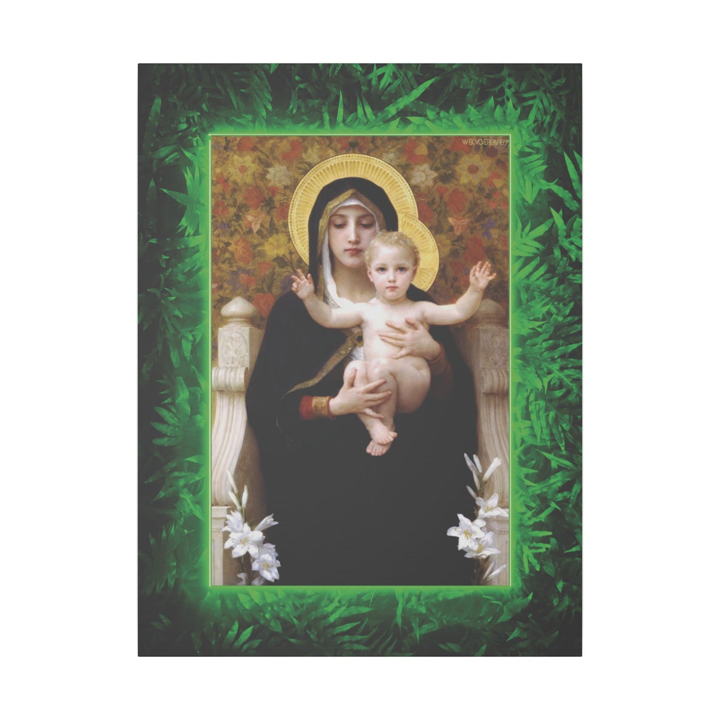 "Tropical Rainforest Madonna of Lilies" Religious Canvas Artwork - Stretched Canvas Print / Virgin Mary & Jesus