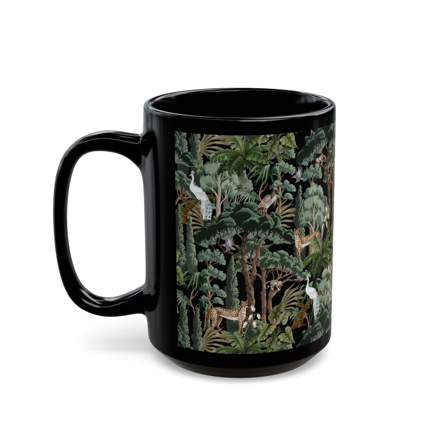 Black Mug (11oz, 15oz), Hiding Peacocks, Night