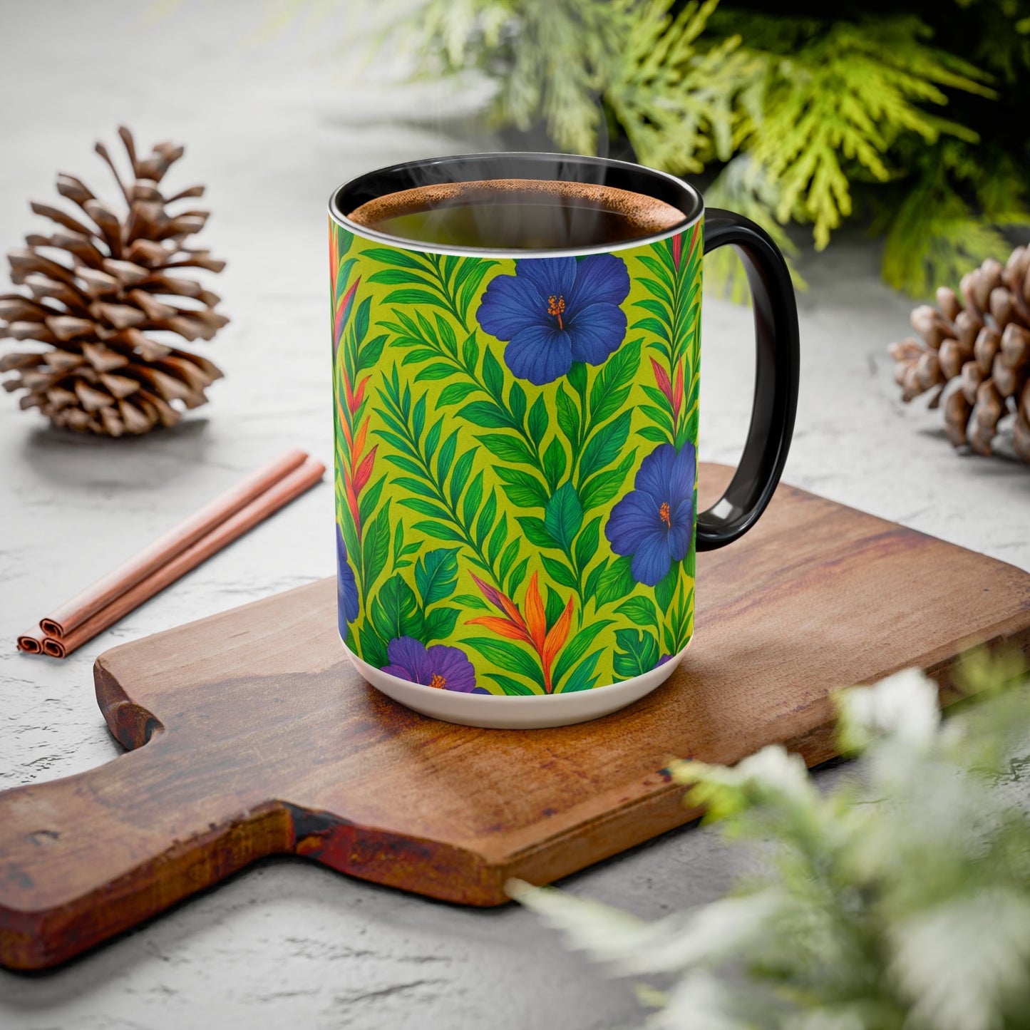 Vibrant Floral Coffee Mug - 11oz & 15oz / Midnight Flower Lime
