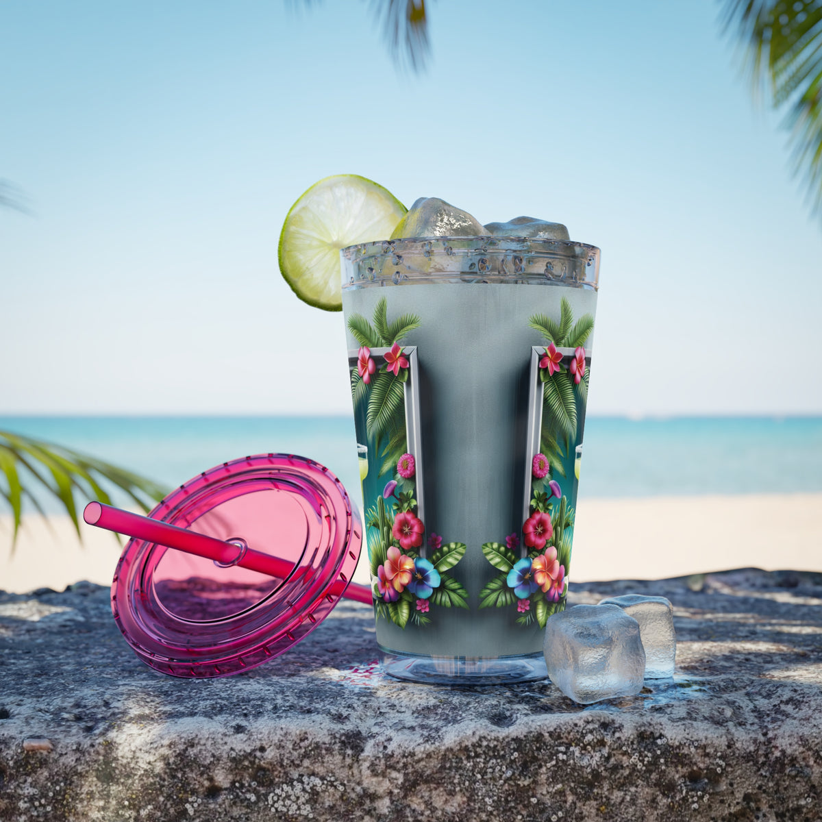 Tropical Tumbler with Straw | 16oz Colorful Travel Cup / Tropical Margarita