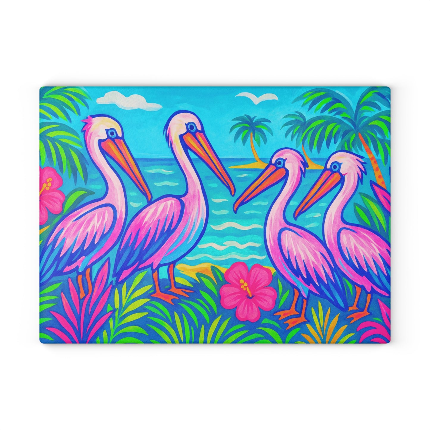 Glass Cutting Board, 2 sizes - Beach Pelican Party