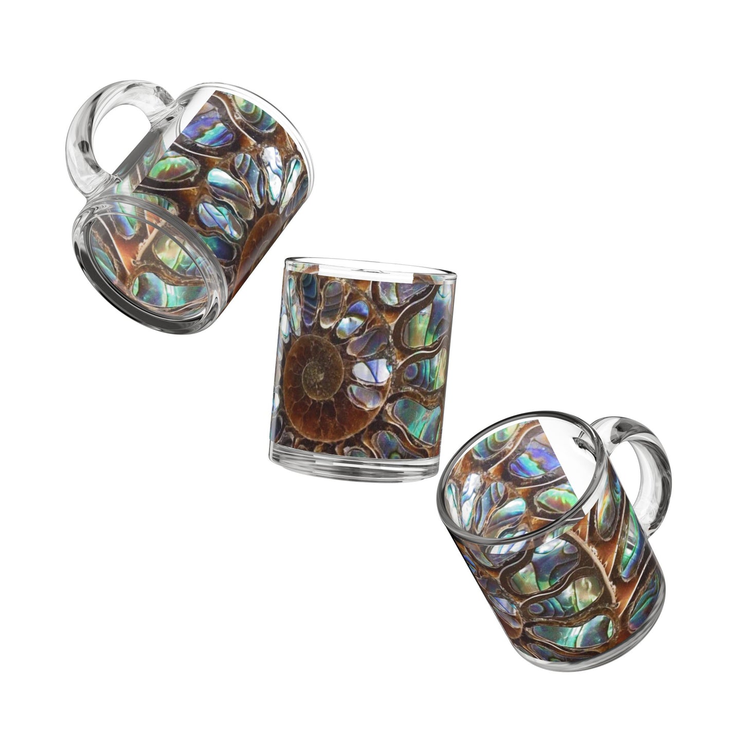 Tropical Glass Mug - 10oz Coffee Cup / Ammonite and Abalone Shells