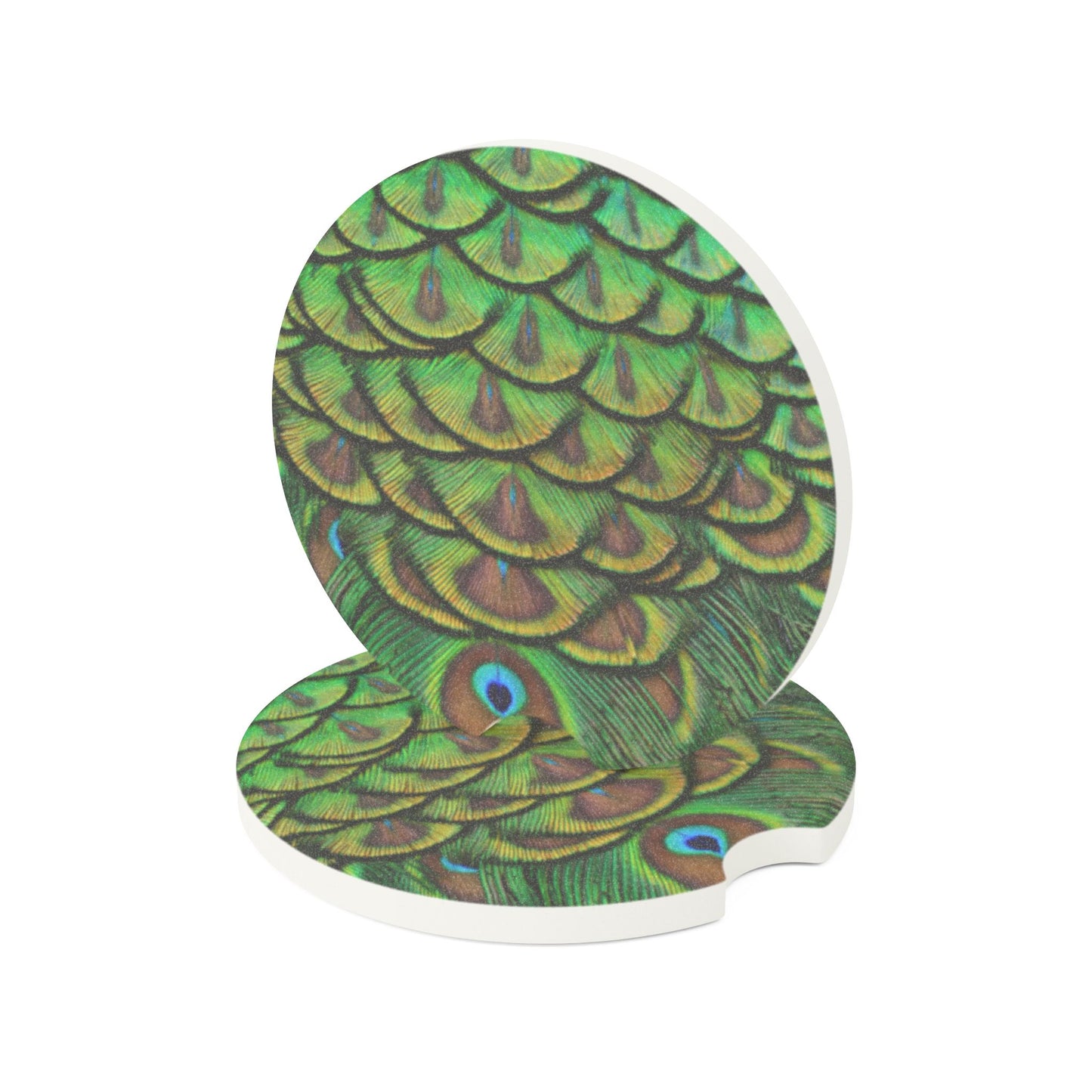 Soapstone Car Coaster - Brilliant Green Peacock Feathers