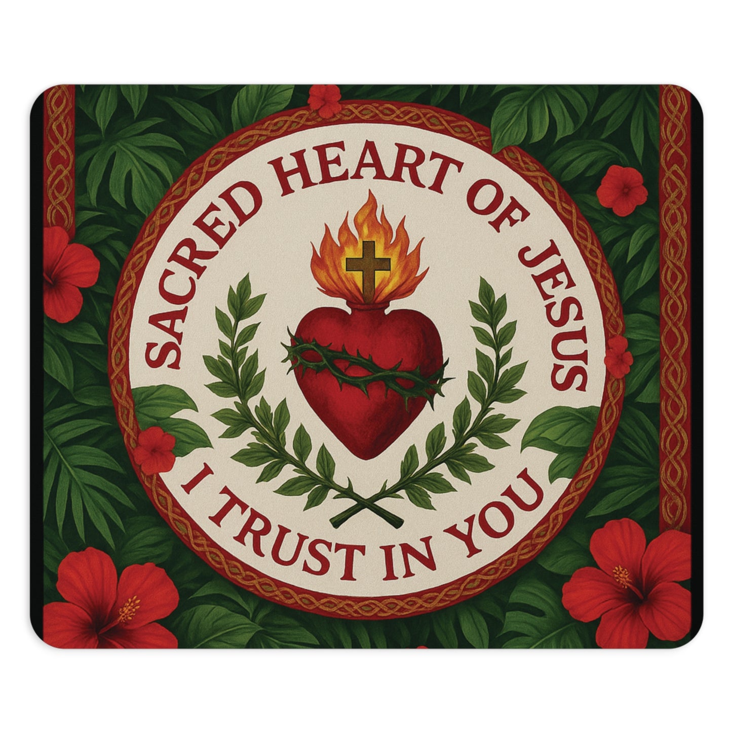 Religious Tropical Mouse Pad, 2 Shapes - Faith Vibes for Home Office & Gamer / Sacred Heart of Jesus Prayer