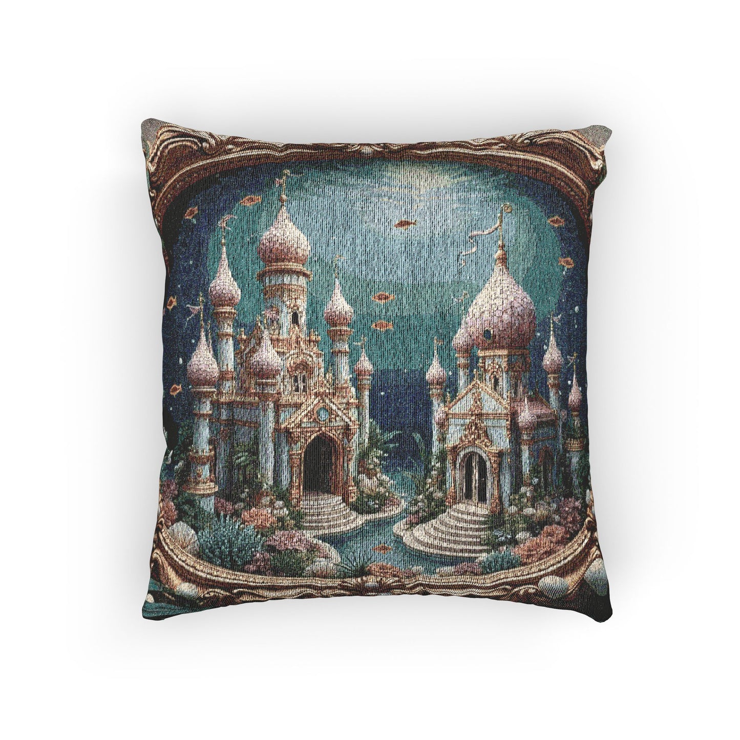 Woven Pillow, 17"W x 18"L - Framed Mermaid Palace, Caribbean Sea