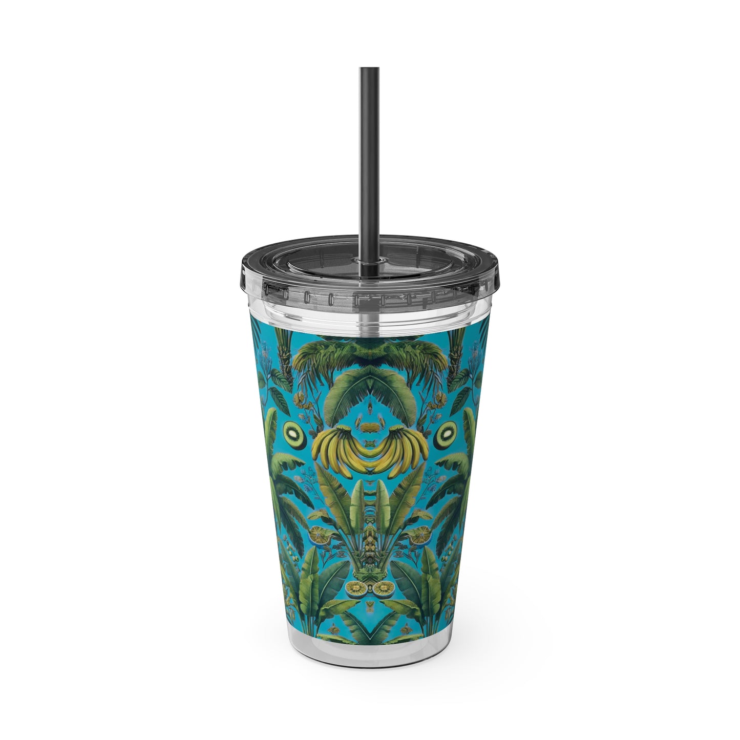 Tropical Tumbler with Straw | 16oz Colorful Travel Cup / More Tropical Fruit, Aqua Blue