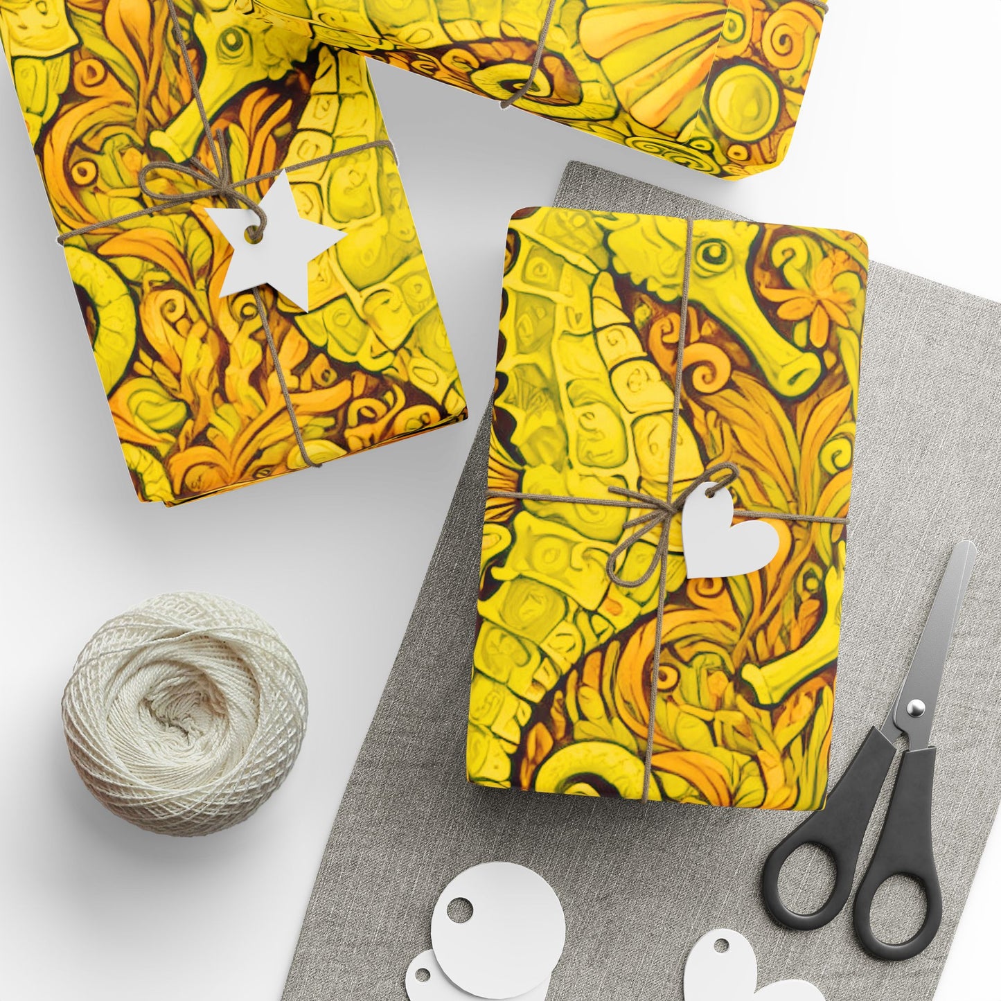 Wrapping Paper - Tropical Gift Wrap for All Occasions, 3 Sizes/2 Finishes / Seahorses, Yellow