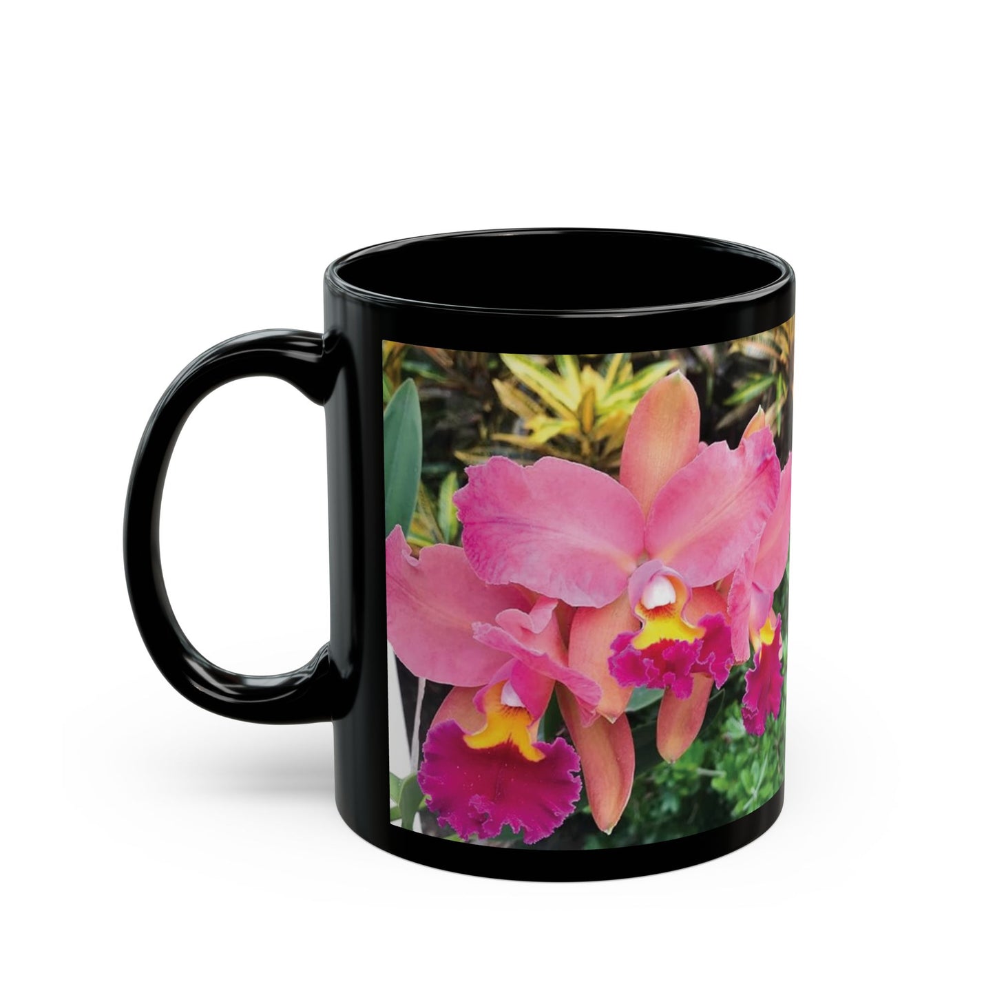 Black Coffee Mug - Triple Pink Orchids