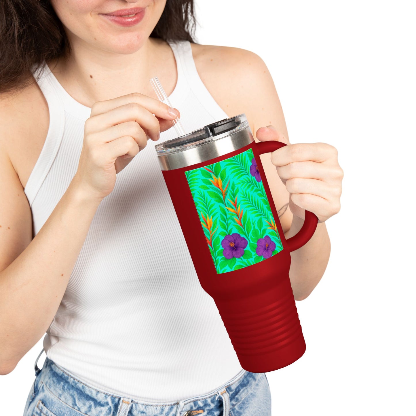Midnight Flower Green Insulated Travel Mug - 40oz - Perfect for Outdoor Adventures