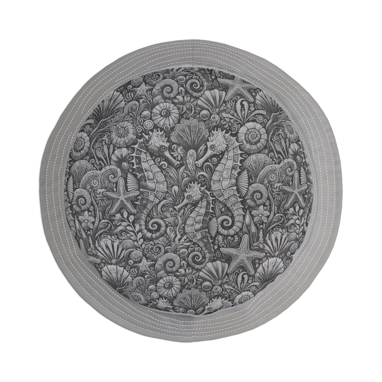 Tropical Polyester Bucket Hat, 2 Sizes - Seashorses Noir/Lt. Grey