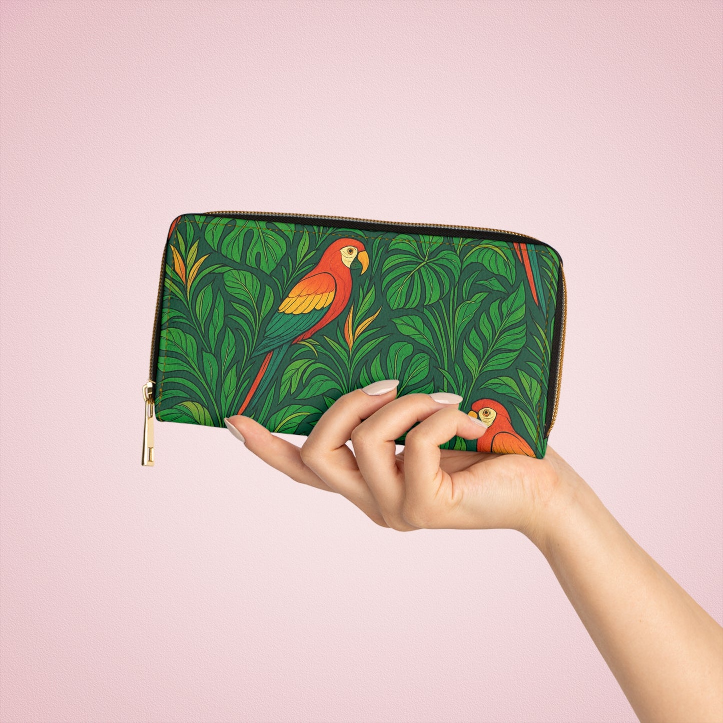 Tropical Zipper Wallet, Faux Leather / Vibrant Clutch / Parrot Family