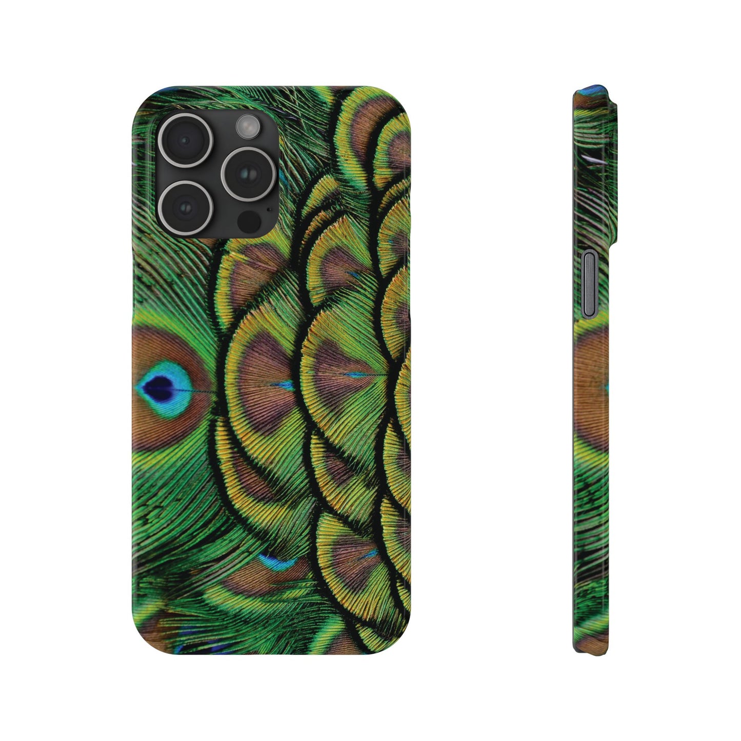 Slim Phone Cases - Brilliant Green Peacock Feathers