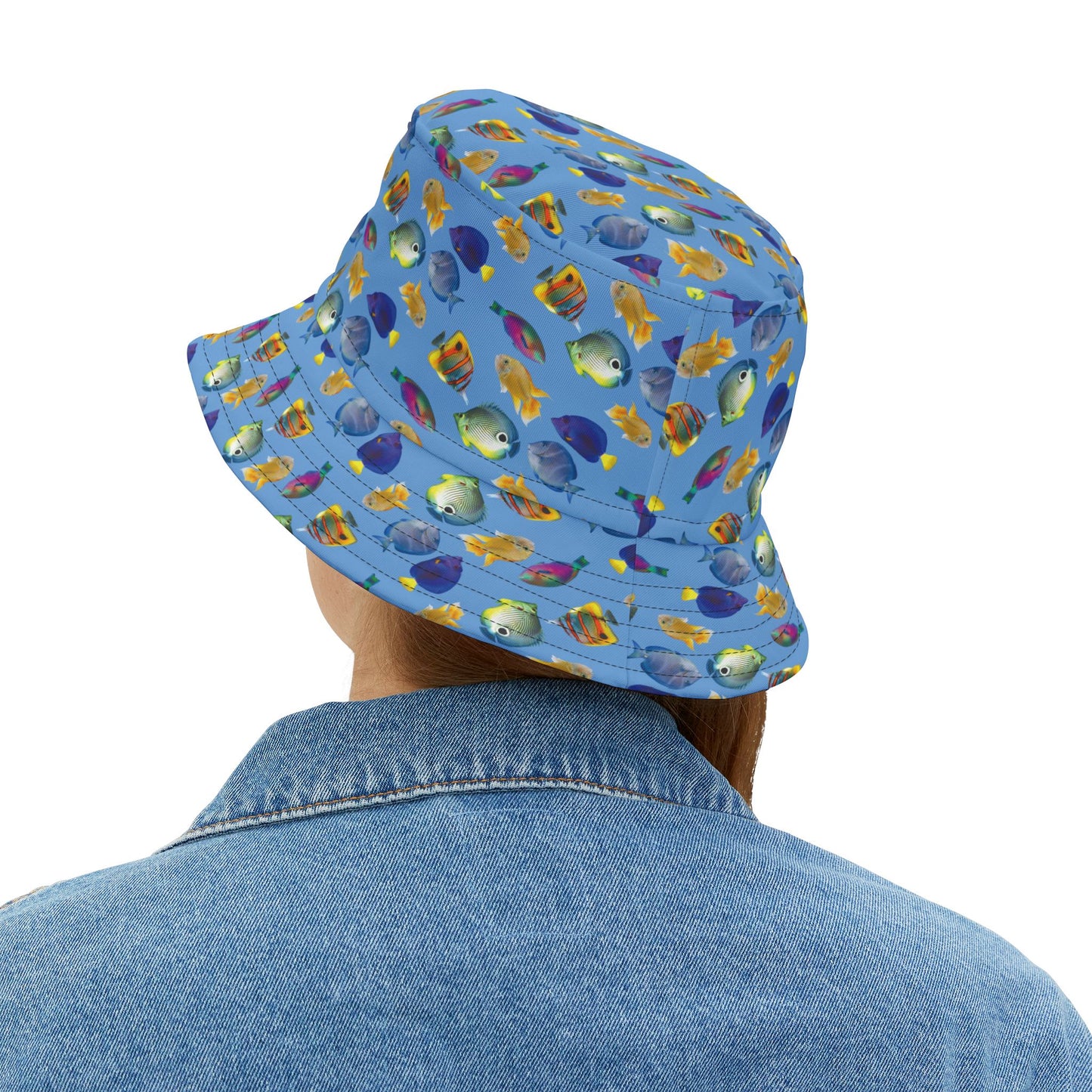 Tropical Polyester Bucket Hat, 2 Sizes - School of Fish / Light Blue