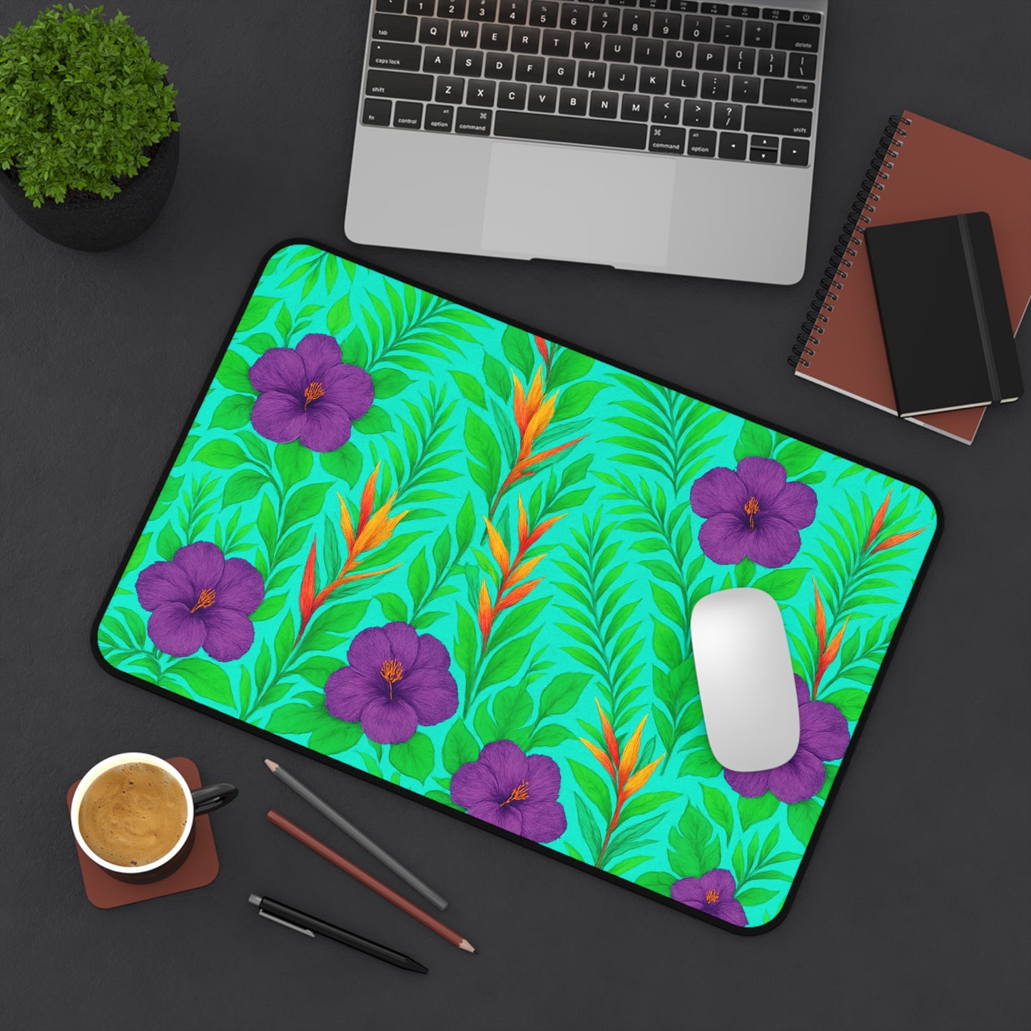 Tropical Paradise Desk Mat, 3 Sizes - Perfect for Home Office - Midnight Flower Green