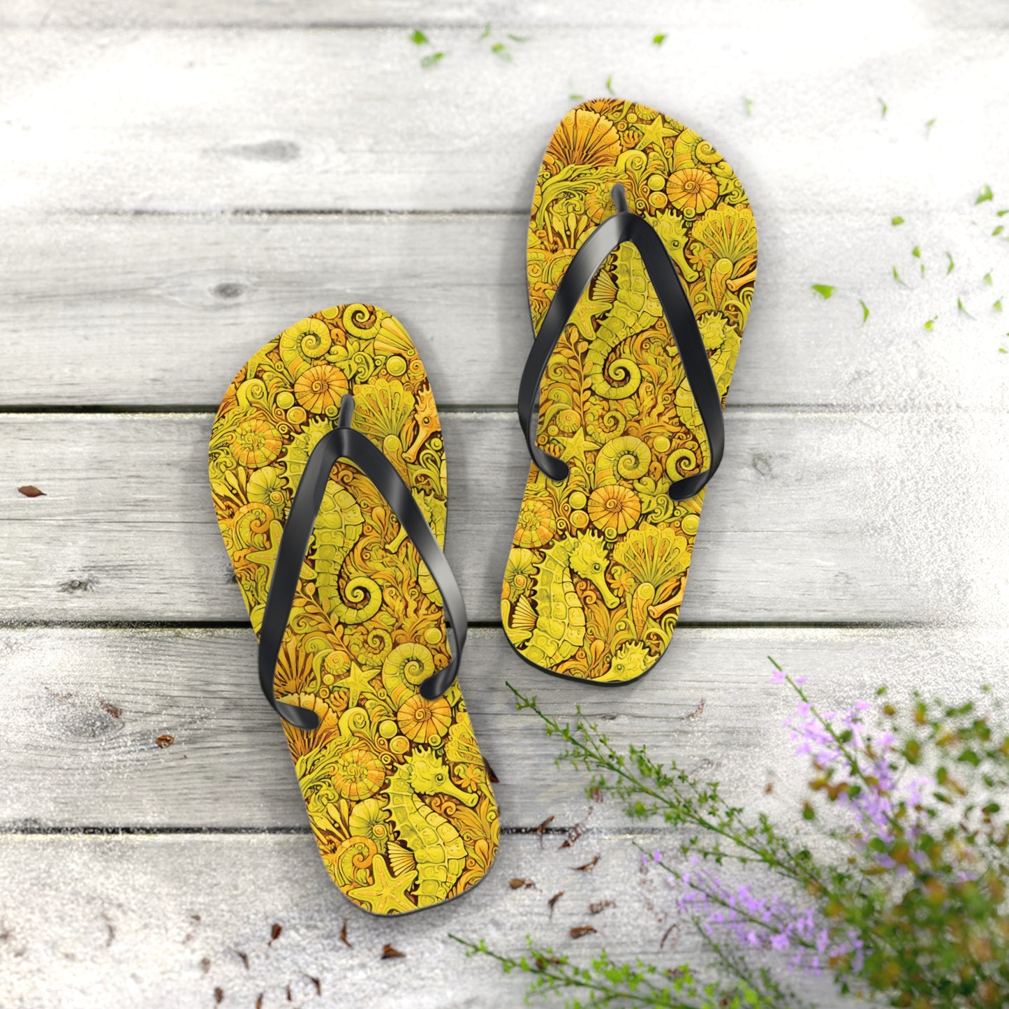 Flip Flops - Seahorses/Yellow
