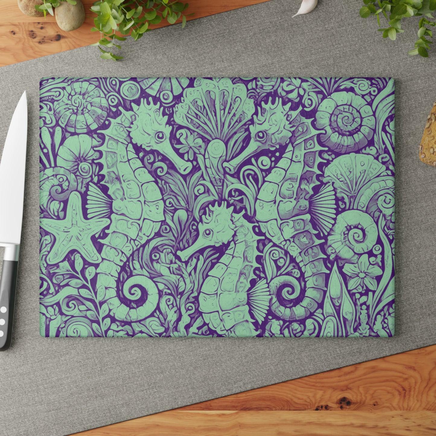 Glass Cutting Board, 2 sizes - Seahorses Minty