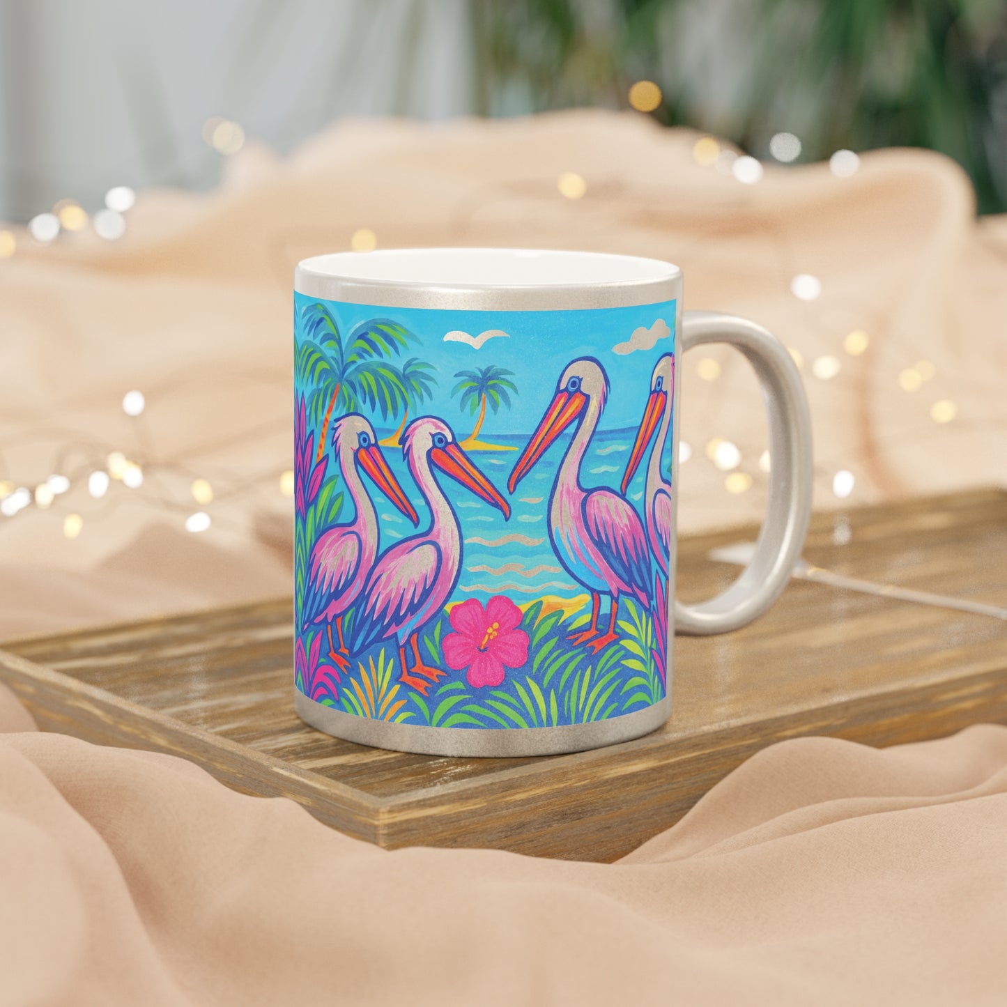 Tropical Metallic Mug, Gold or Silver: Beach Pelicans