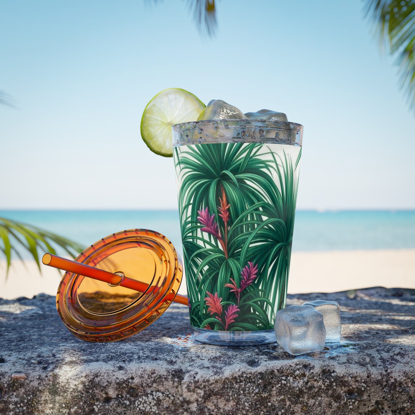 Tropical Tumbler with Straw | 16oz Colorful Travel Cup / Tiny Palm Island