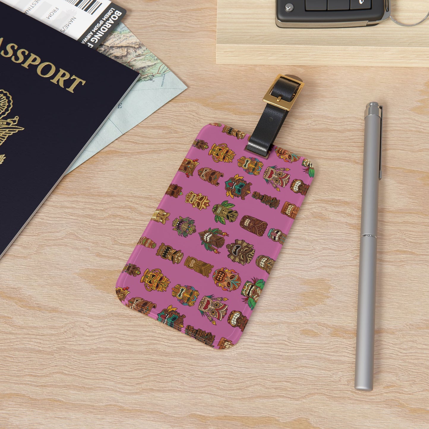 Luggage Tag - Tiny Tiki Dudes, Light Pink