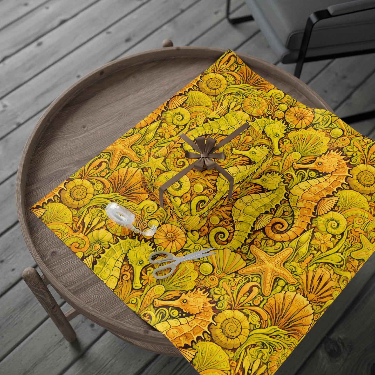 Wrapping Paper - Tropical Gift Wrap for All Occasions, 3 Sizes/2 Finishes / Seahorses, Yellow