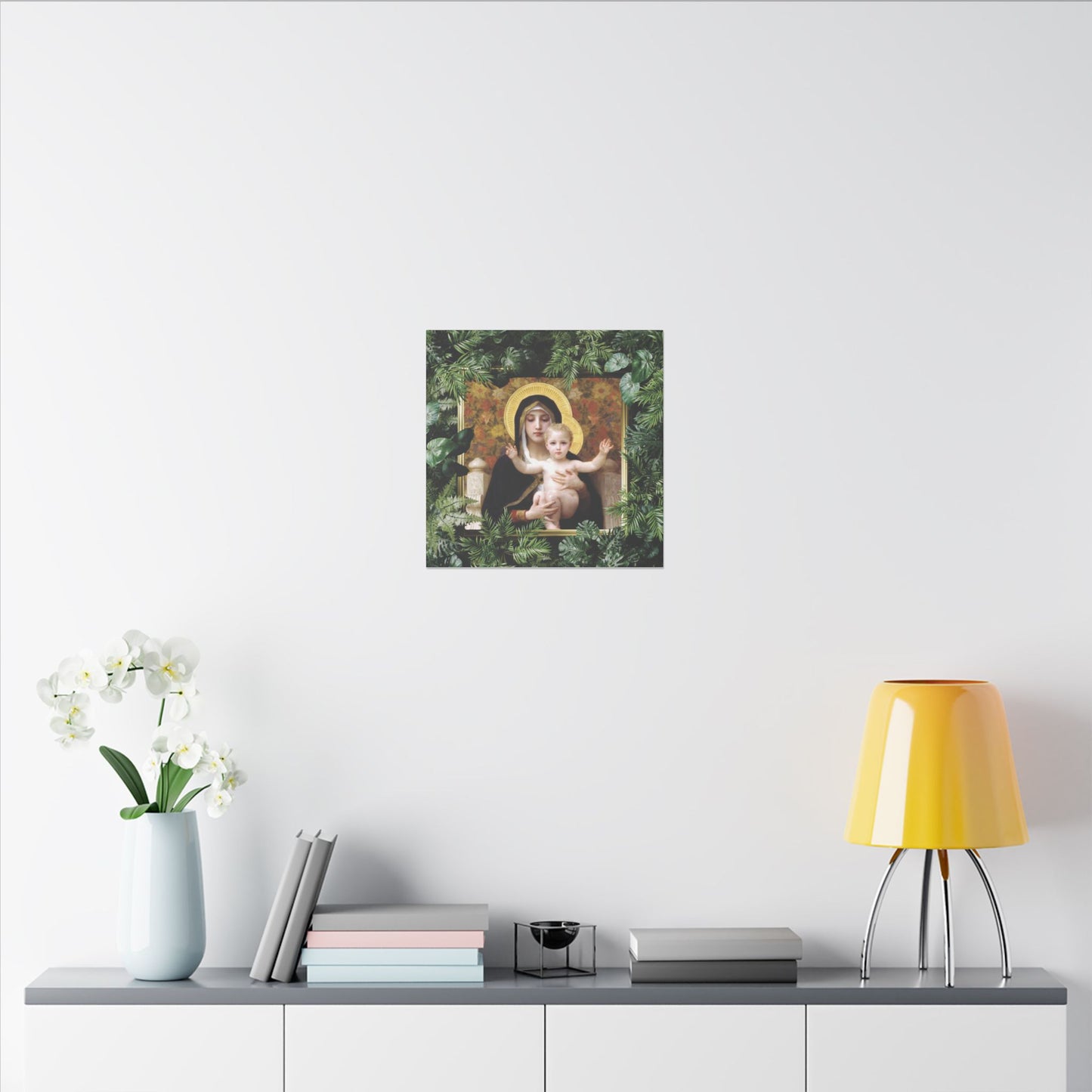 "Tropical Madonna of Lilies" Religious Canvas Artwork - Stretched Canvas Print / Virgin Mary & Jesus