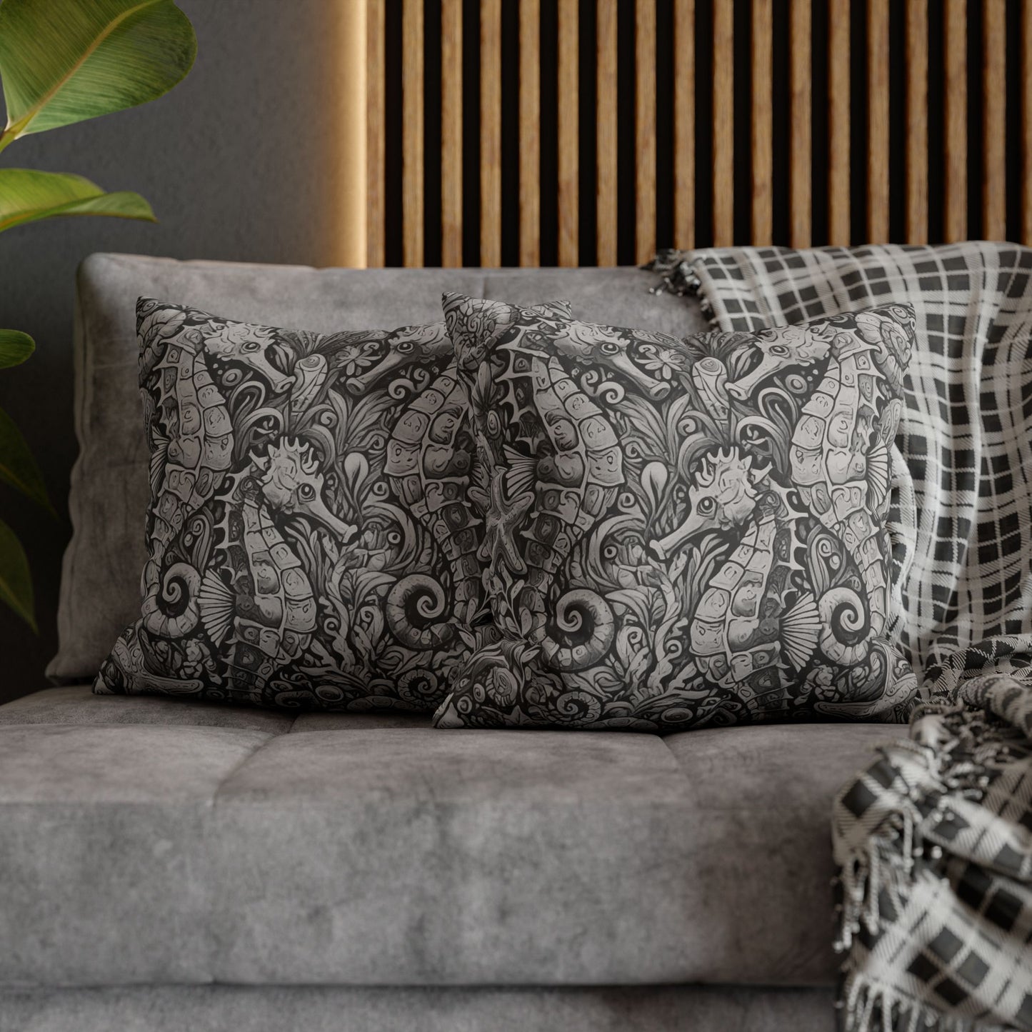Faux Suede Square Pillowcase - Seahorse Trio, Noir