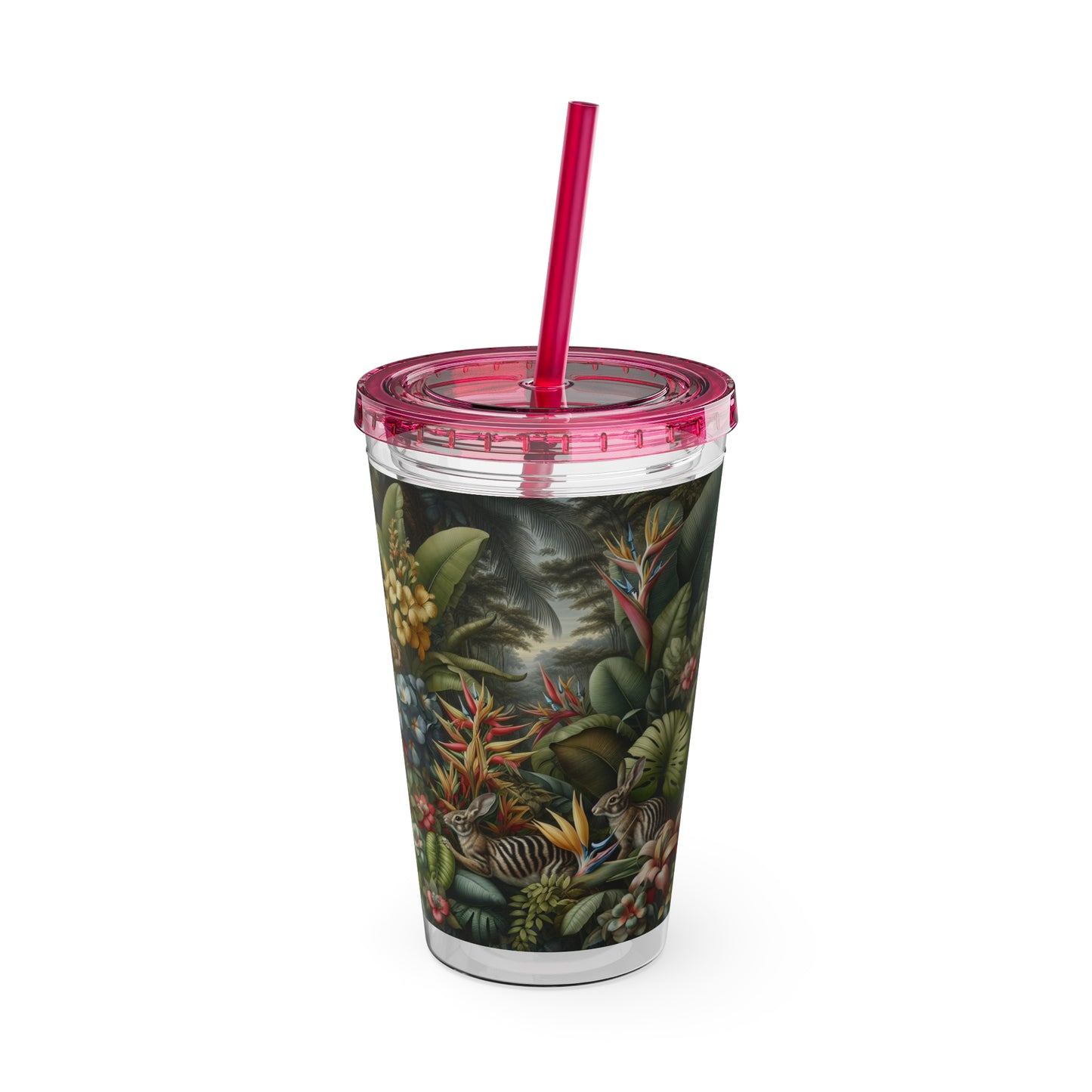 Tropical Tumbler with Straw | 16oz Colorful Travel Cup / Rainforest Rabbit Outing