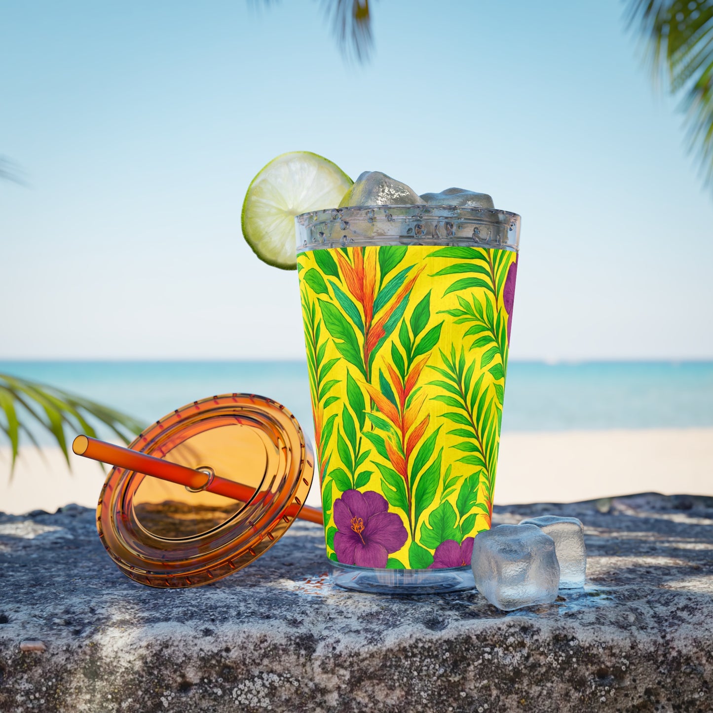 Tropical Tumbler with Straw | 16oz Colorful Travel Cup / Midnight Flower Yellow