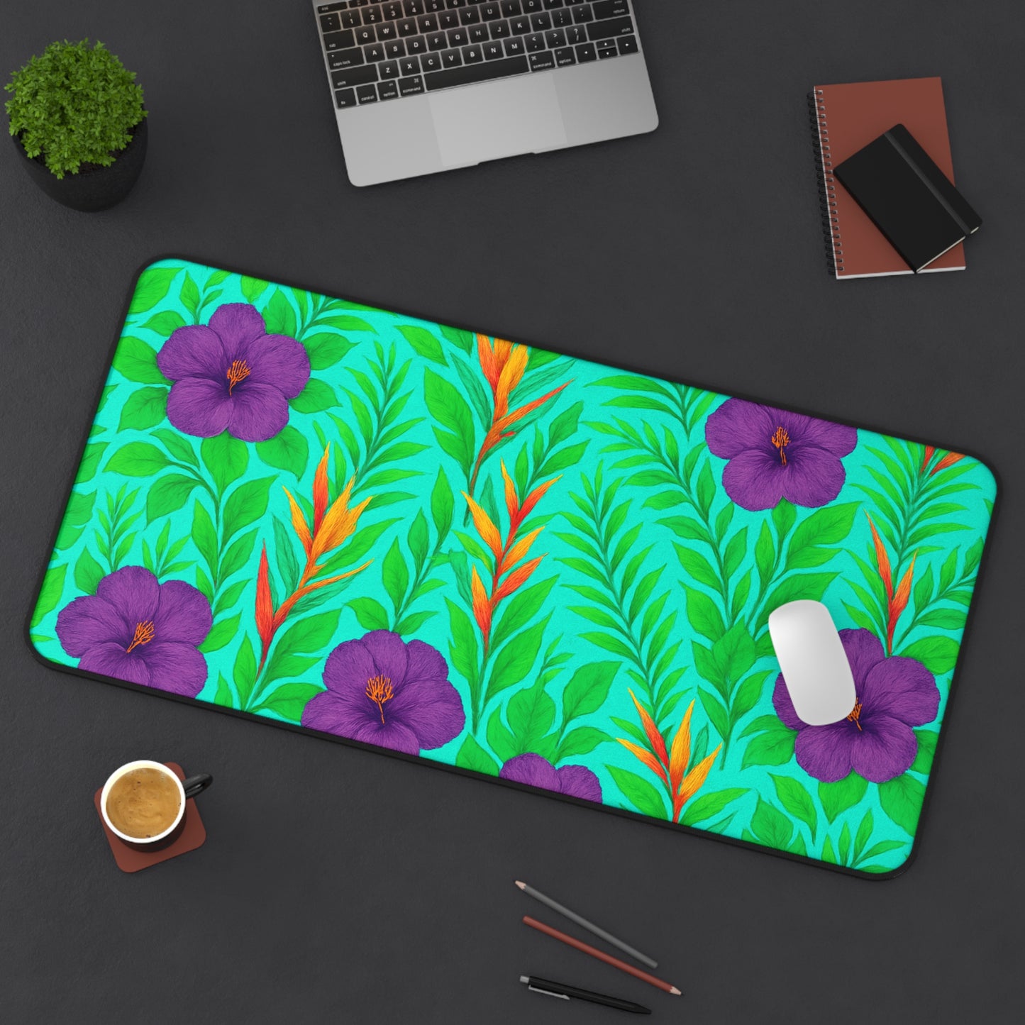 Tropical Paradise Desk Mat, 3 Sizes - Perfect for Home Office - Midnight Flower Green