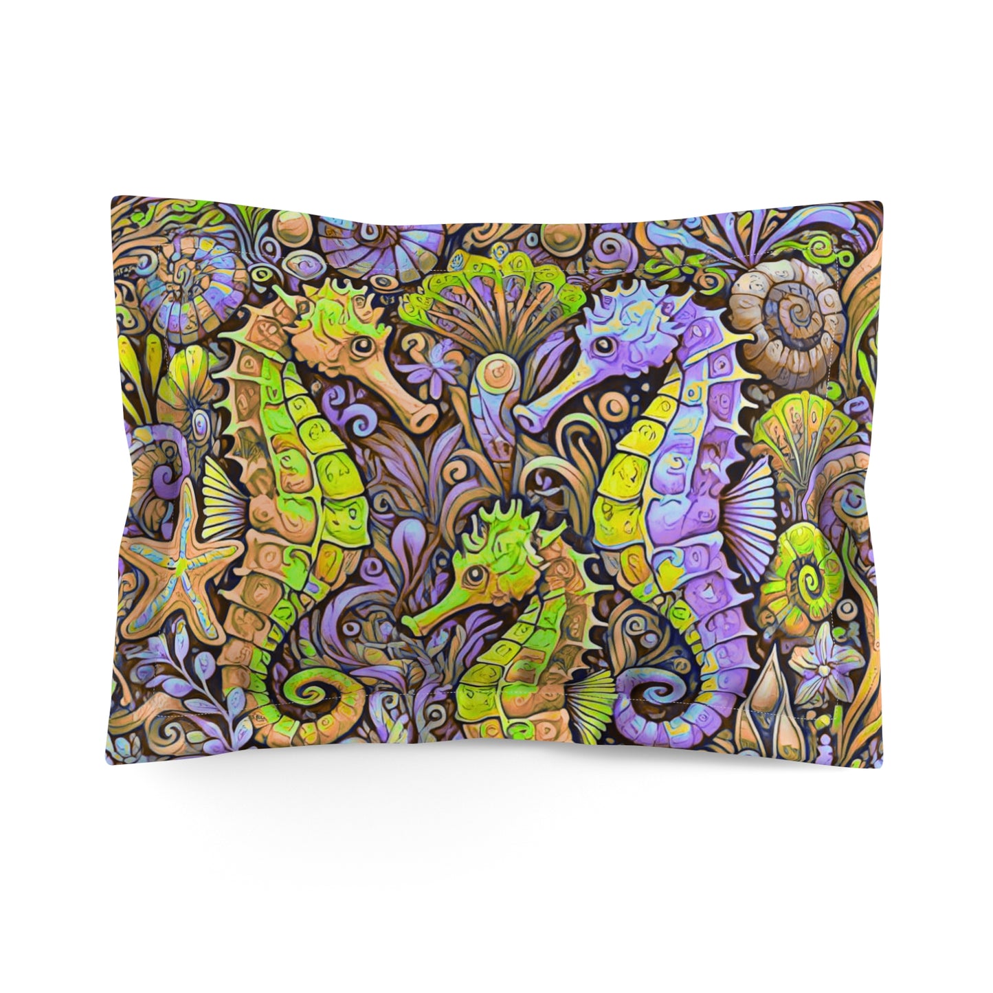 Microfiber Pillow Sham, 2 Sizes | Tropical Vibes for Relaxation / Seahorse Trio, Purple