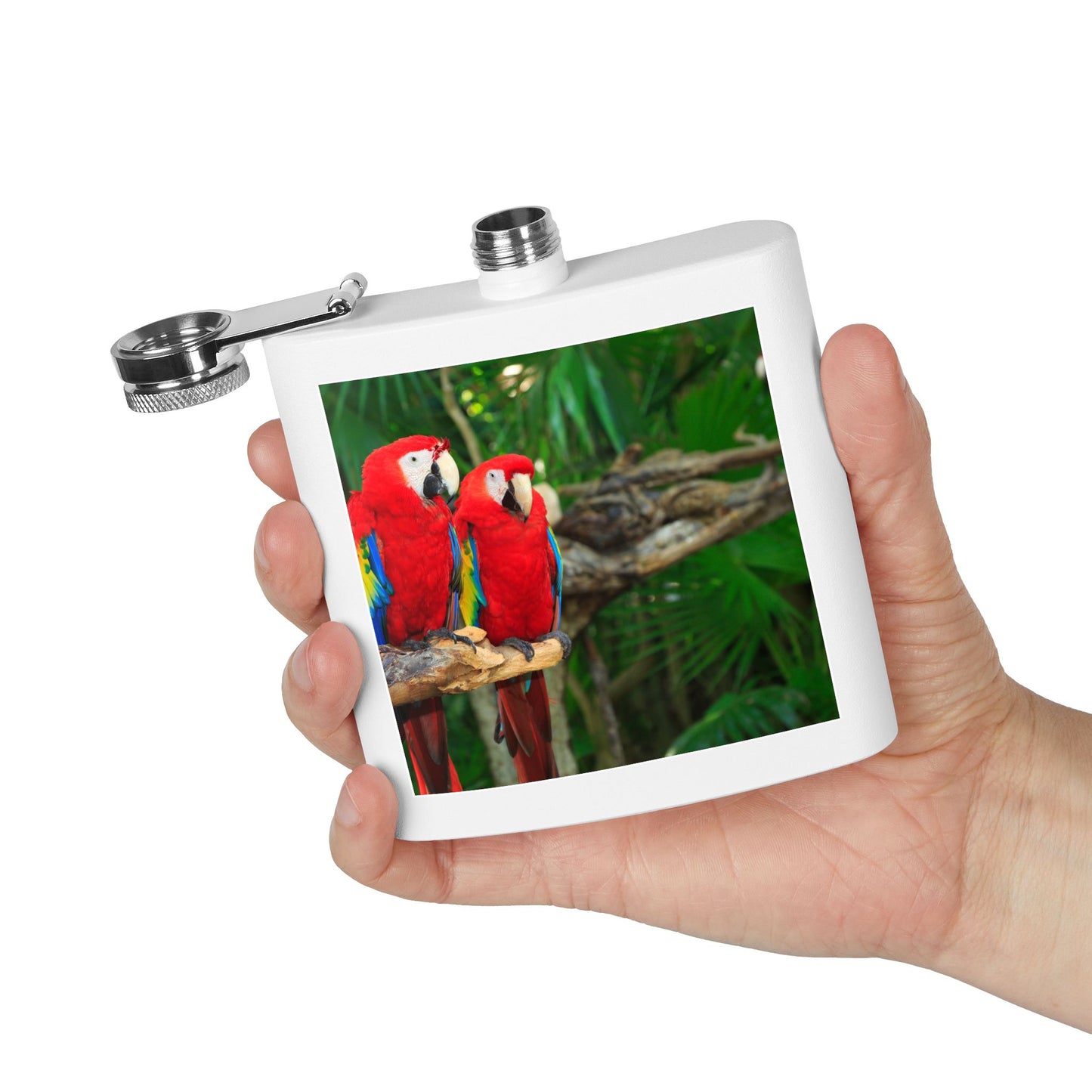 Tropical Stainless Steel 6 oz. Flask, Many Colors  – Two Red Parrots