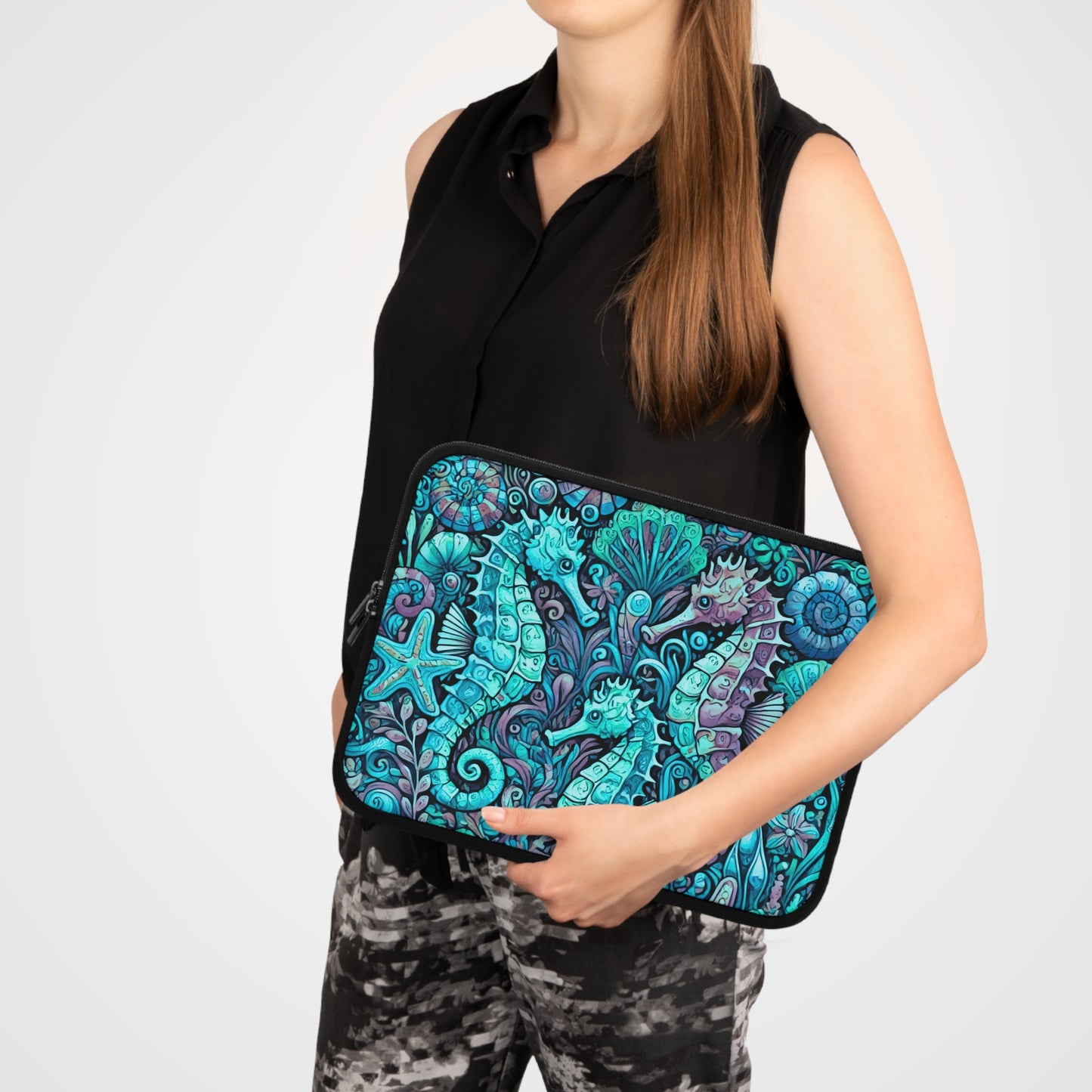 Tropical Laptop Sleeve, 5 Sizes - Perfect for Ocean Lovers & Students / Seahorse Trio, Turquoise