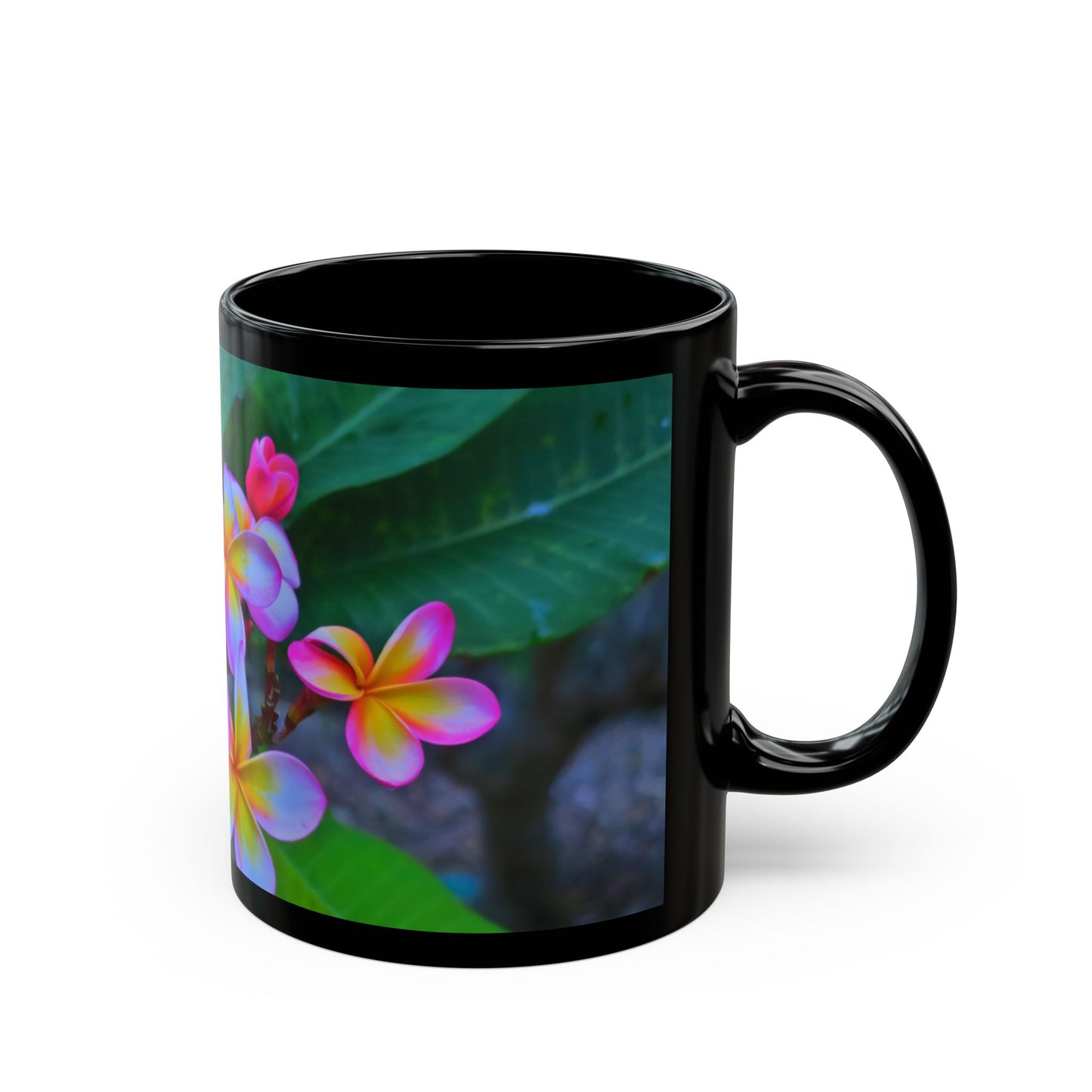 Vibrant Floral Black Coffee Mug - Hawaiian Flowers Perfect Gift for Nature Lovers