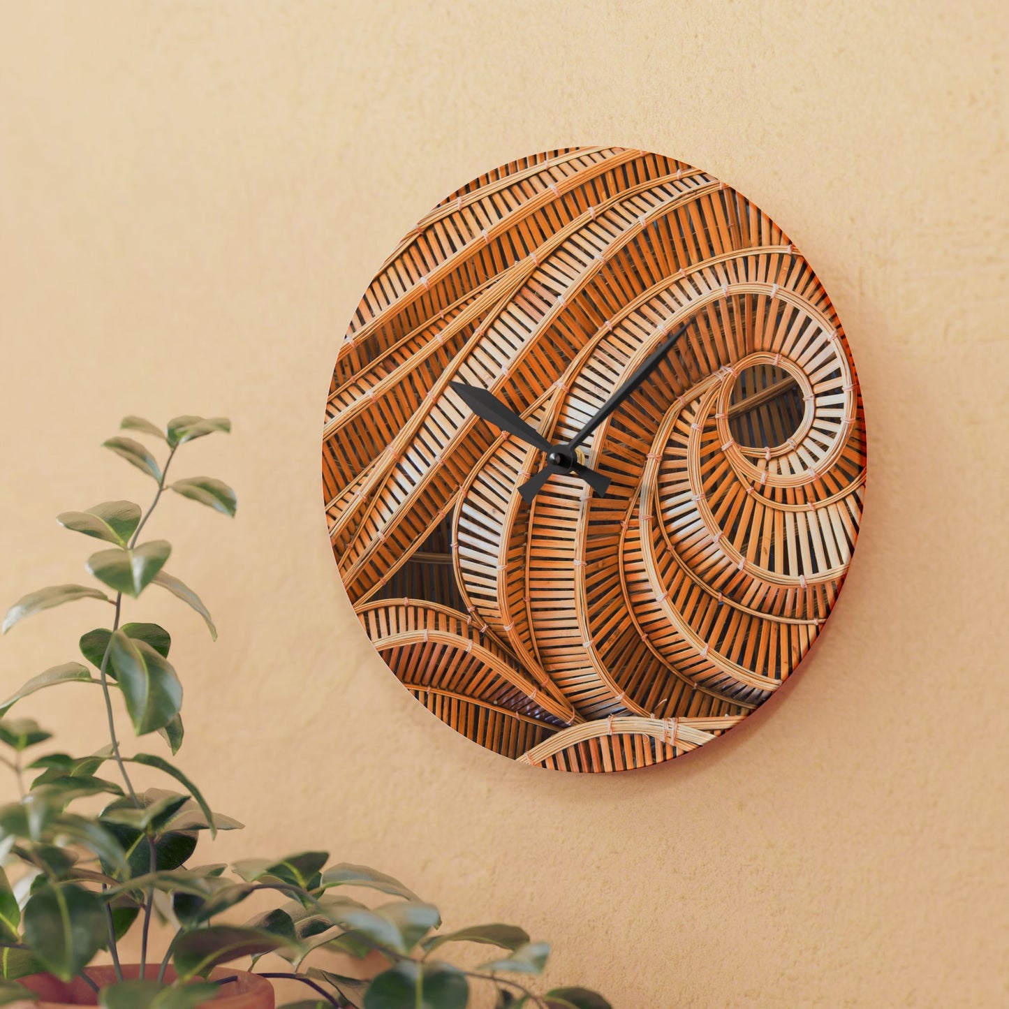 Acrylic Wall Clock, Natural Bamboo Spiral