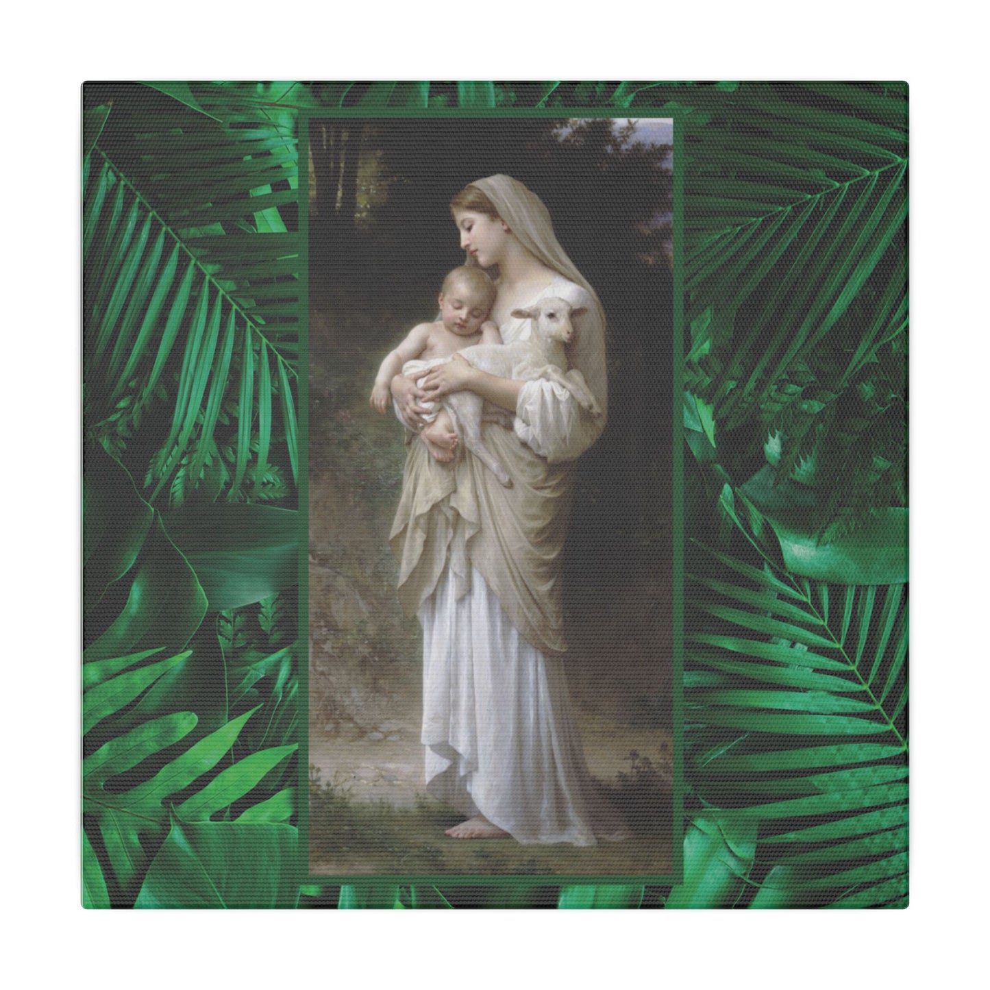 "Tropical Rainforest Innocence" Religious Canvas Artwork - Stretched Canvas Print / Virgin Mary & Jesus