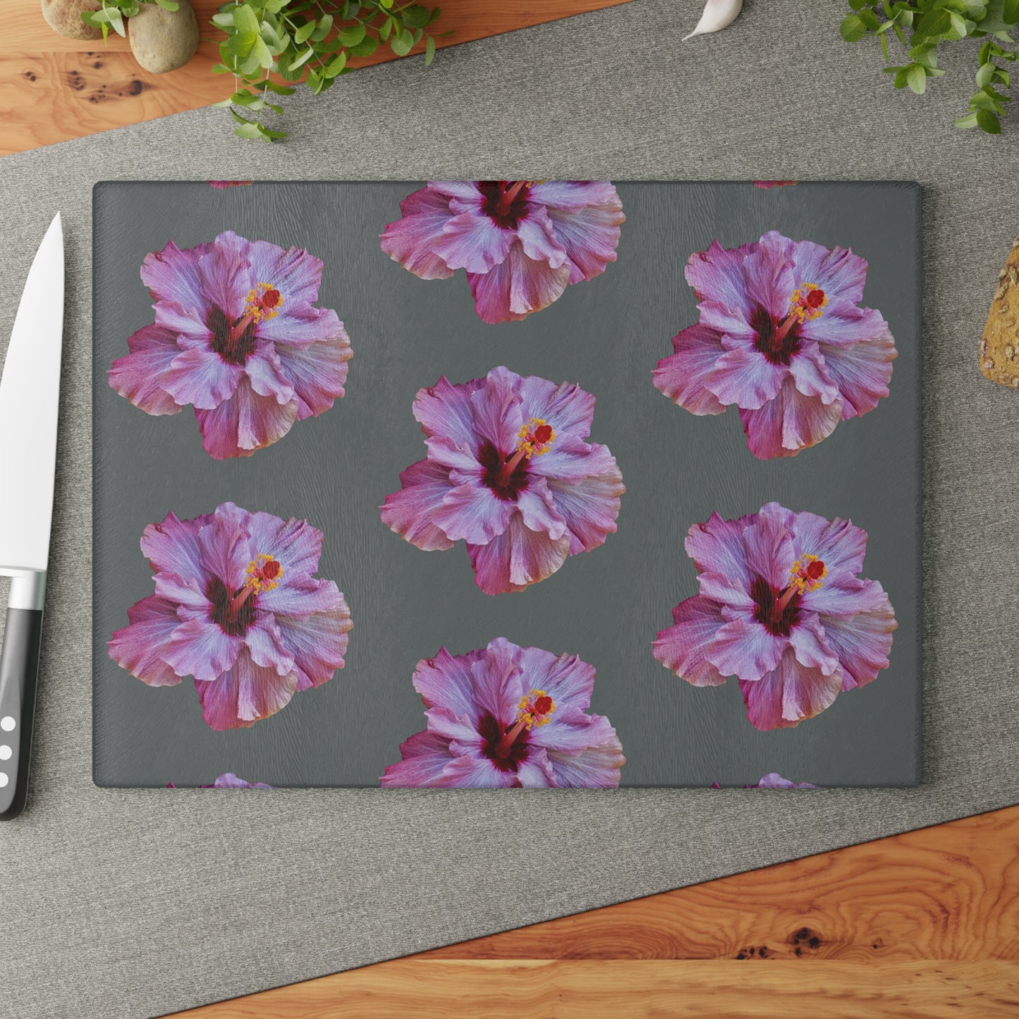Glass Cutting Board, 2 sizes - Real Purple Hibiscus/Dark Grey