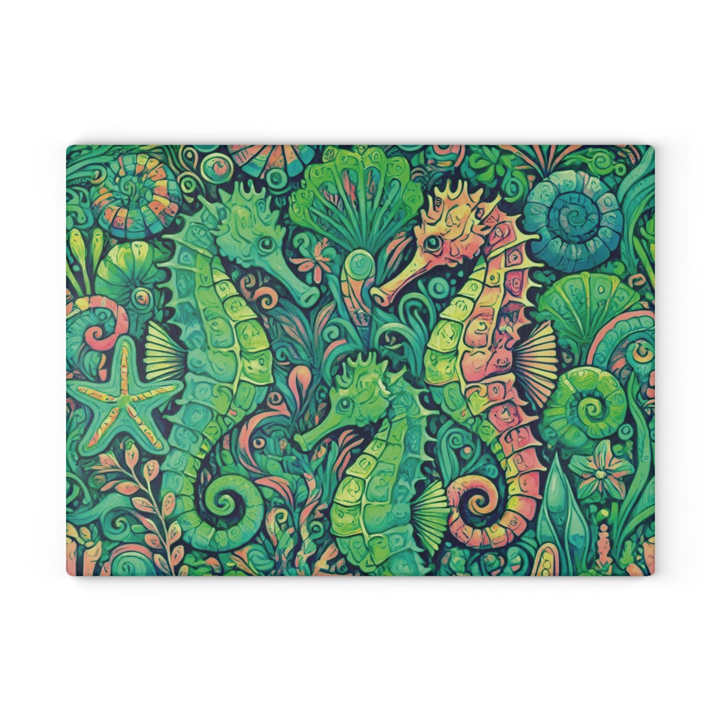 Glass Cutting Board, 2 sizes - Seahorses, Lime