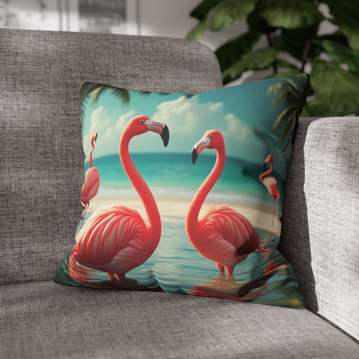 Faux Suede Square Pillowcase - Morning Dip Flamingos