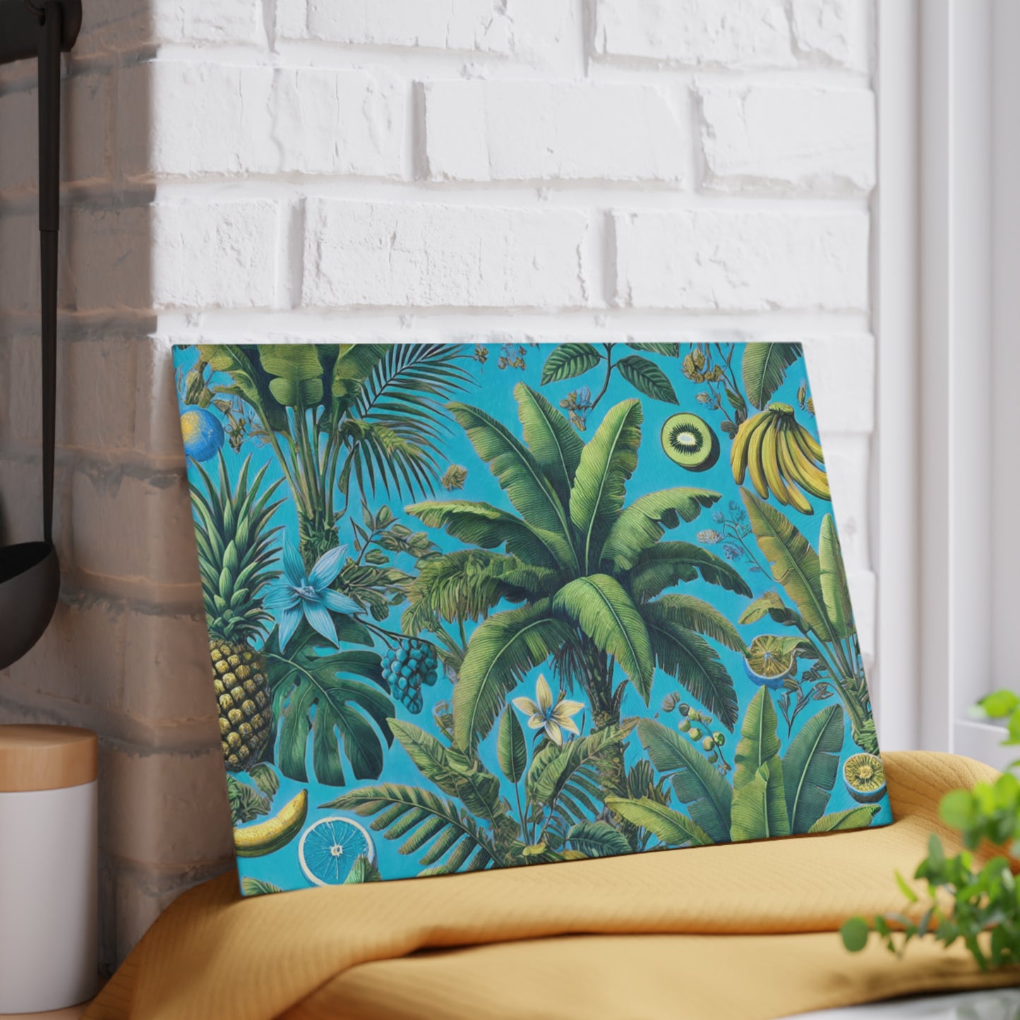 Glass Cutting Board, 2 sizes - More Tropical Fruit, Aqua Blue