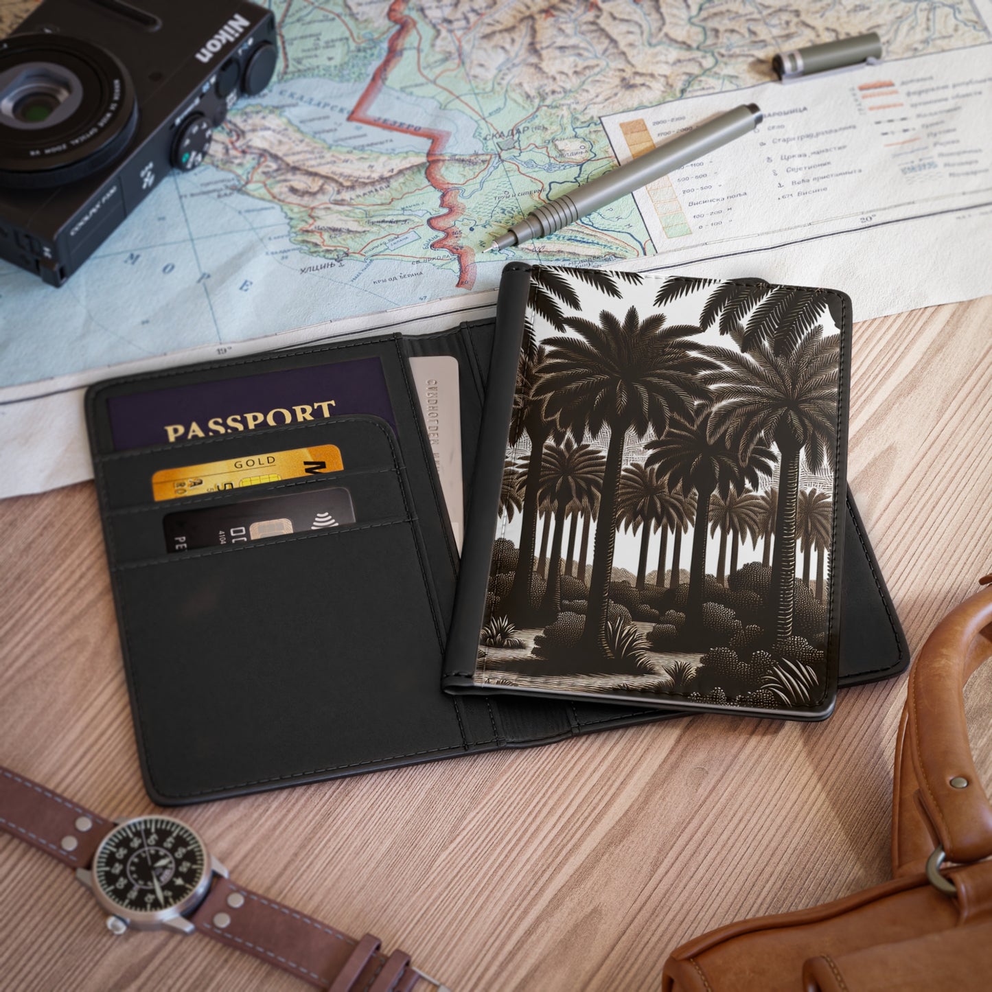 Tropical Passport Cover, Faux Leather - RFID blocking for travel security / Amazing Woodcut Palms