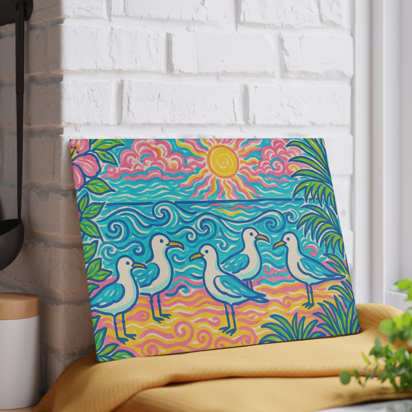 Glass Cutting Board, 2 sizes - Tropical Beach Seagulls