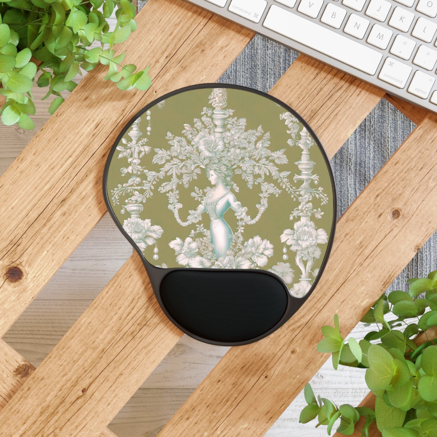 Mouse Pad With Wrist Rest, Pearl Lady Toile, Highborn Green