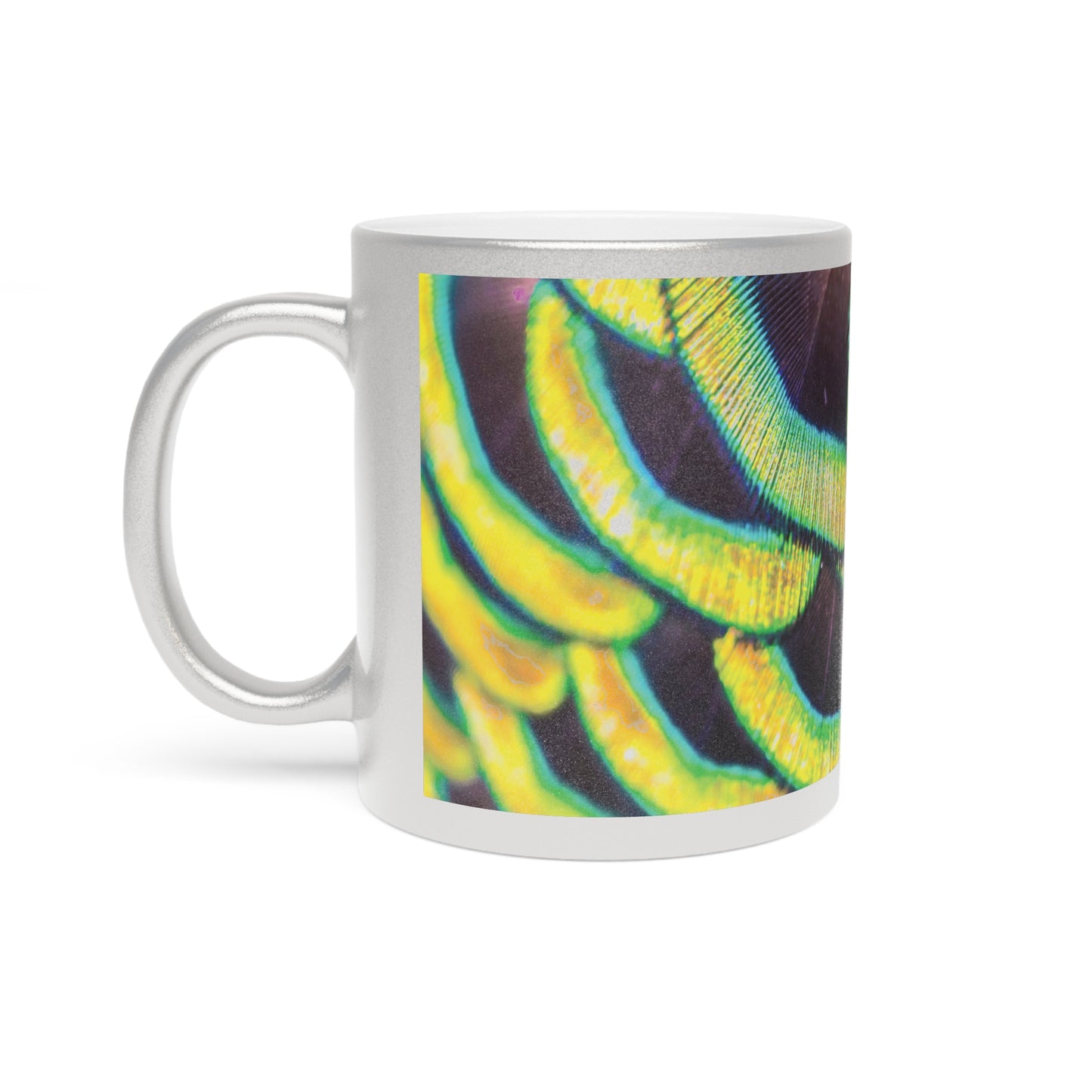 Colorful Flower Metallic Mug, Gold or Silver - Yellow Peacock Feathers