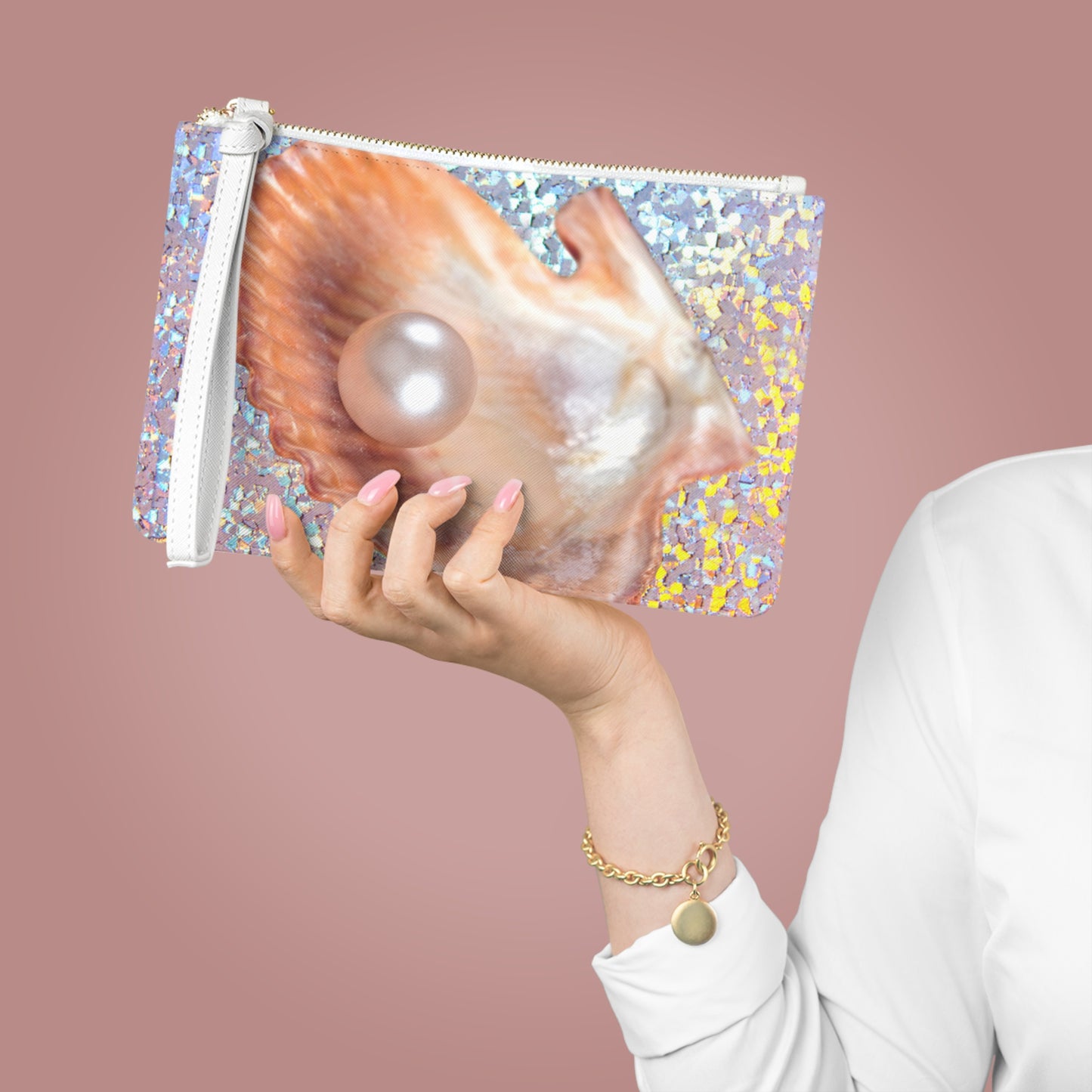 Tropical Faux Leather Clutch Bag - Perfect for Beach Adventures & Summer Vacations / Disco FW Peach Pearl Oyster